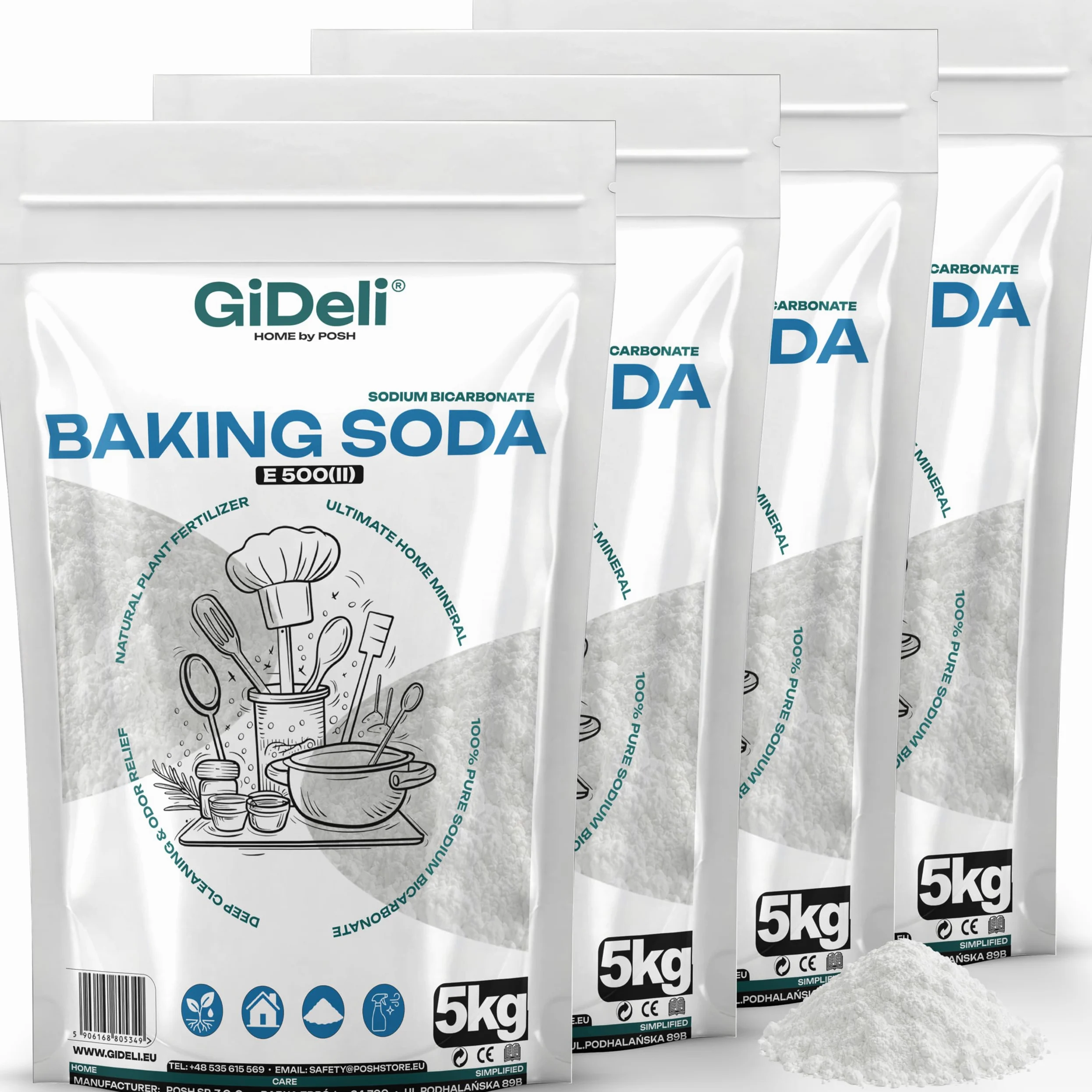 GiDeli Bicarbonato de Sodio 4x5kg - Perfecto Para Cocinar Pasta y Hornear - También se Utiliza Para Lavar y Limpiar - Uso Versátil en el Hogar - Regulador de la Química del Agua de la Piscina