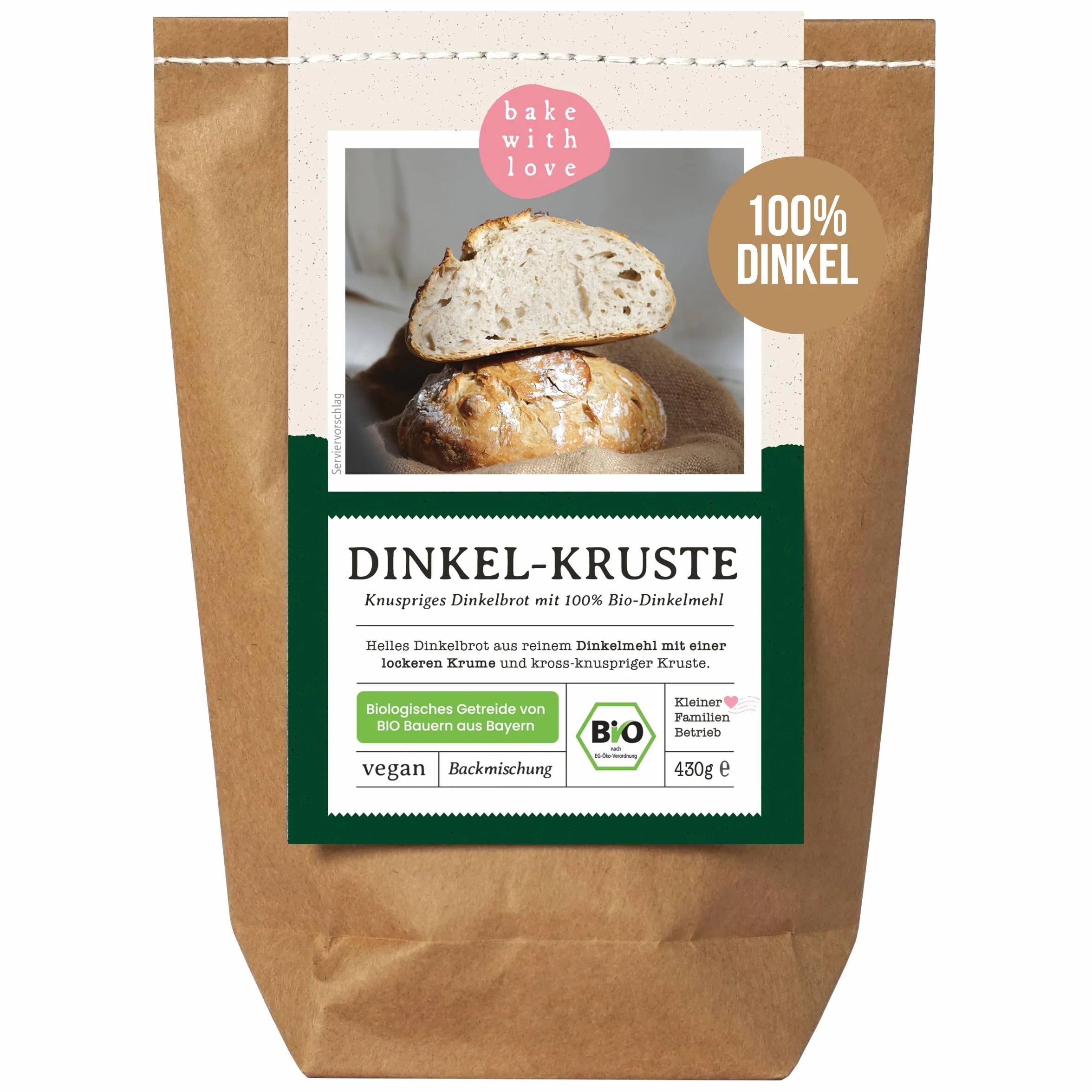 Bake with Love Bio Dinkel Brotbackmischung Dinkel-Kruste - 100% Dinkelmehl ohne Weizen - Brot backen mit Sauerteig - ohne Zusatzstoffe - für Brotbackautomat & Ofen - 1er Pack