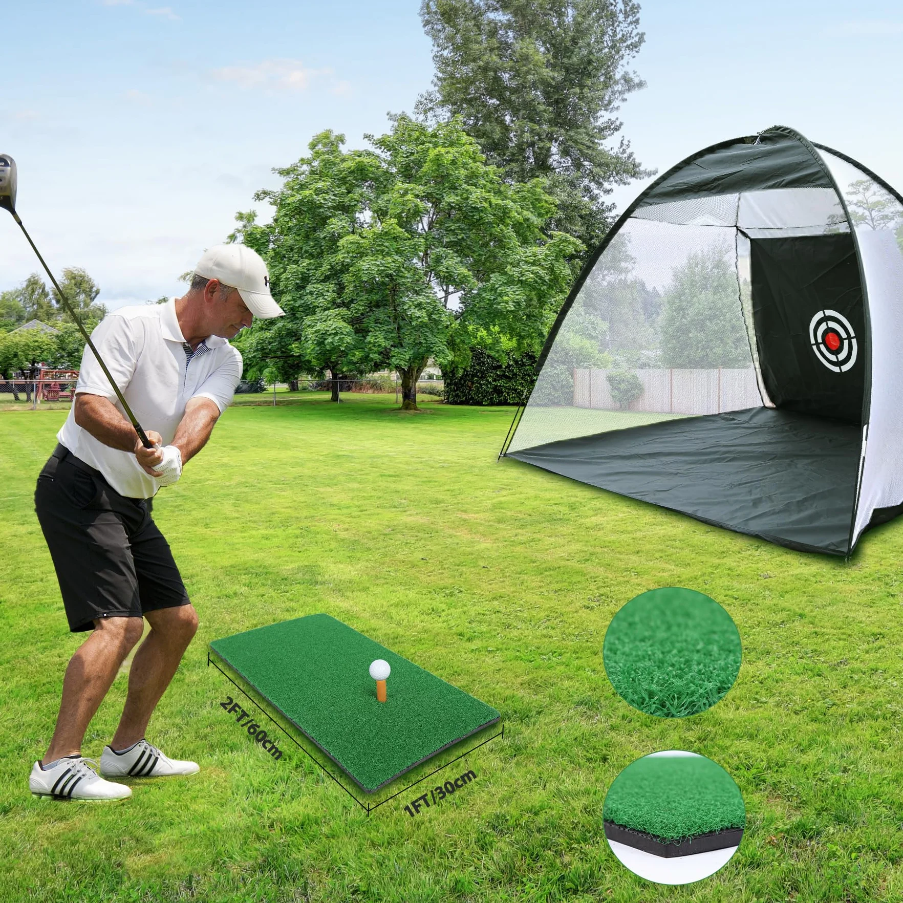 REDCAMP Red de entrenamiento de golf 10x7 pies con césped y estera de impacto