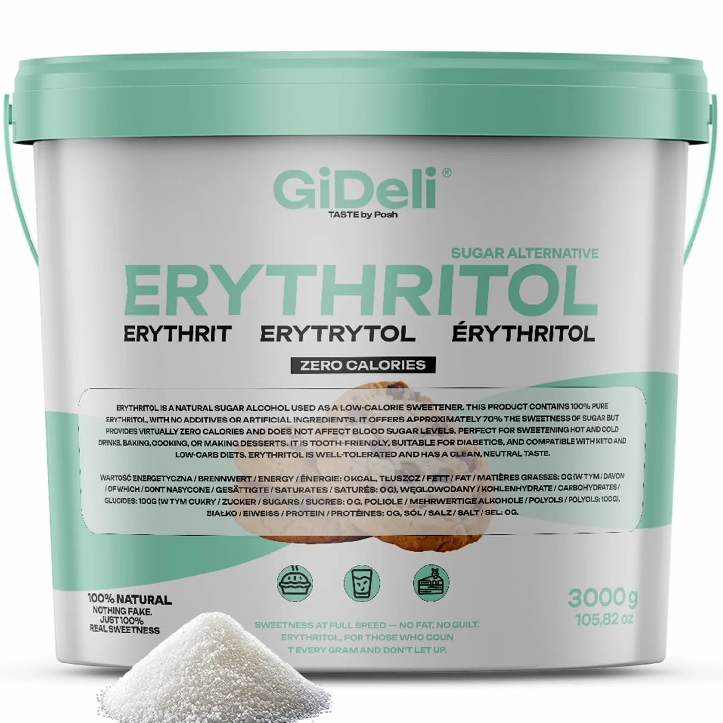GiDeli Eritritol 3 kg en cubo de azúcar granulada de reemplazo de alimentos como alternativa vegana y de azúcar amigable con los dientes
