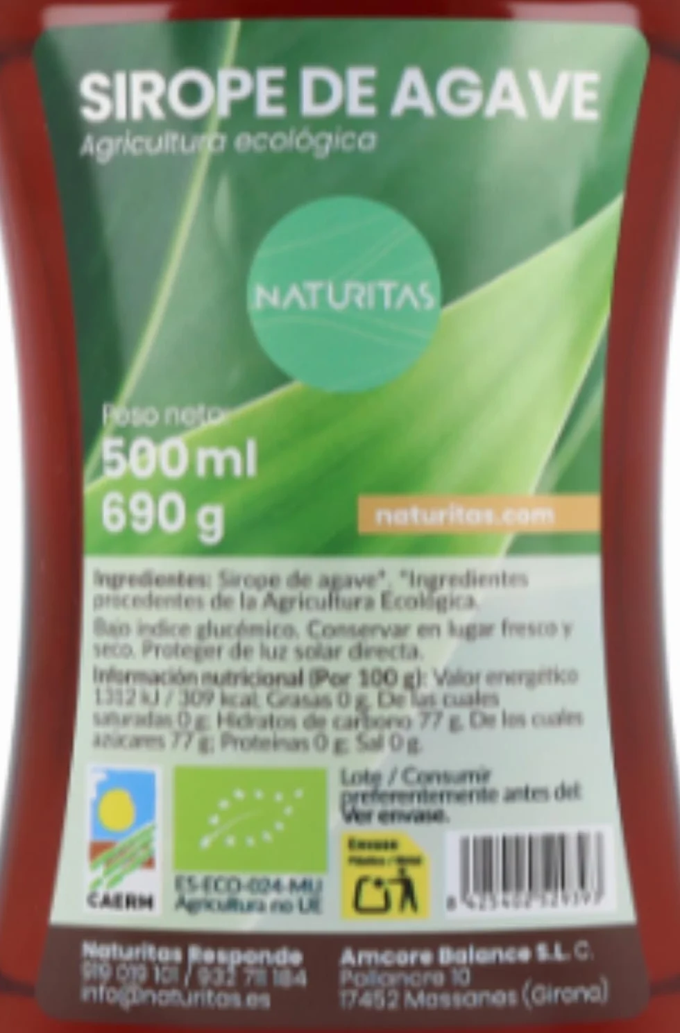 Sirope de agave BIO 100% puro con antigoteo | 690 g | Naturitas Essentials | Sirope de agave Bio 100% puro | Endulzante de bajo índice glucémico | Endulzantes y Mieles