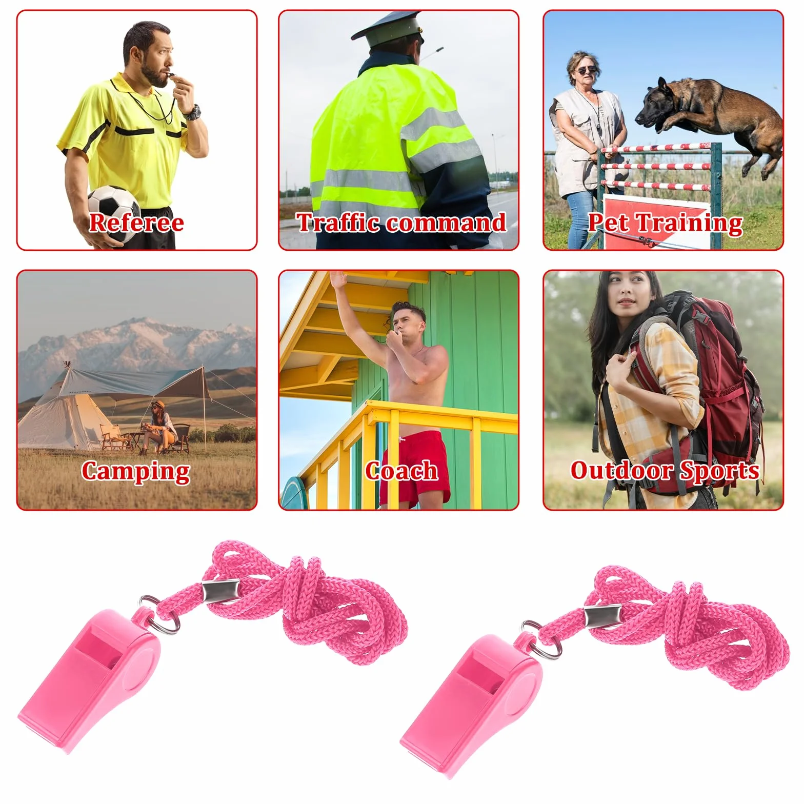 Silbato de plástico con cordón, 2 paquetes para entrenadores, árbitro nítido y transparente