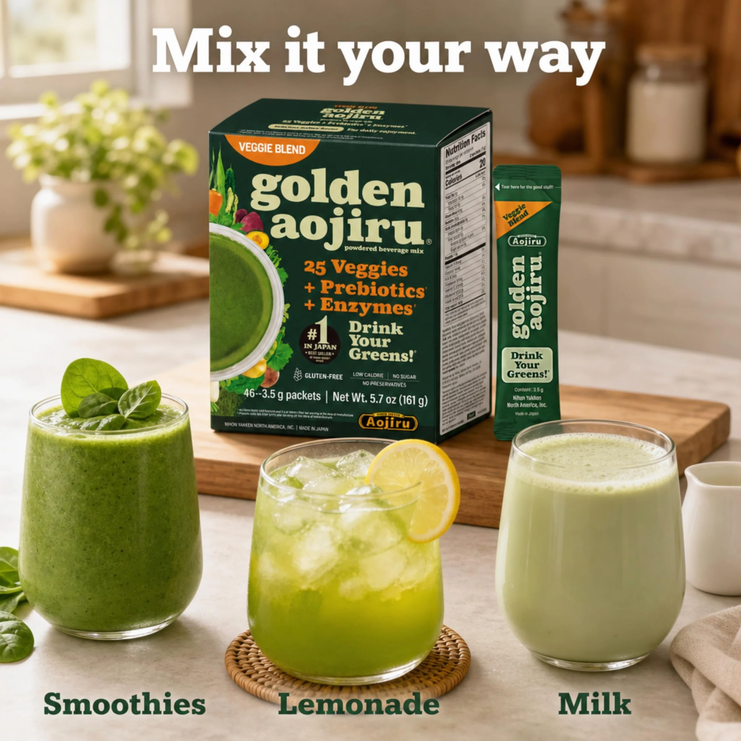 Golden Aojiru Veggie Blend - Greens Powder with 25 Superfood Vegetables, Gluten-Free, Low Calorie, No Sugar, 46 Packets - Made in Japan