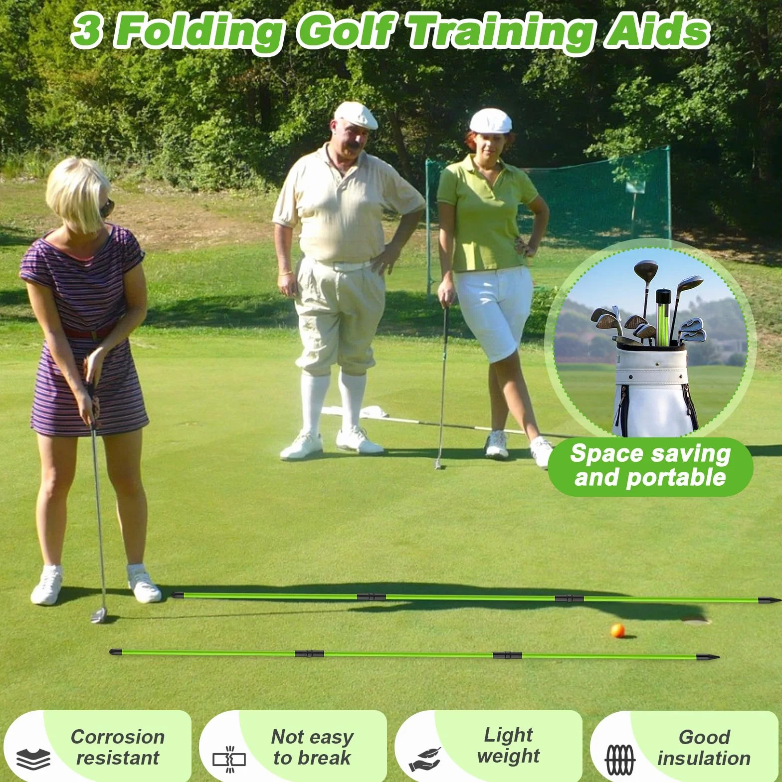 Palos de Alineación Golf Plegables 123cm, Varillas Entrenador Swing Fibra Vidrio 3 Secciones para Principiantes