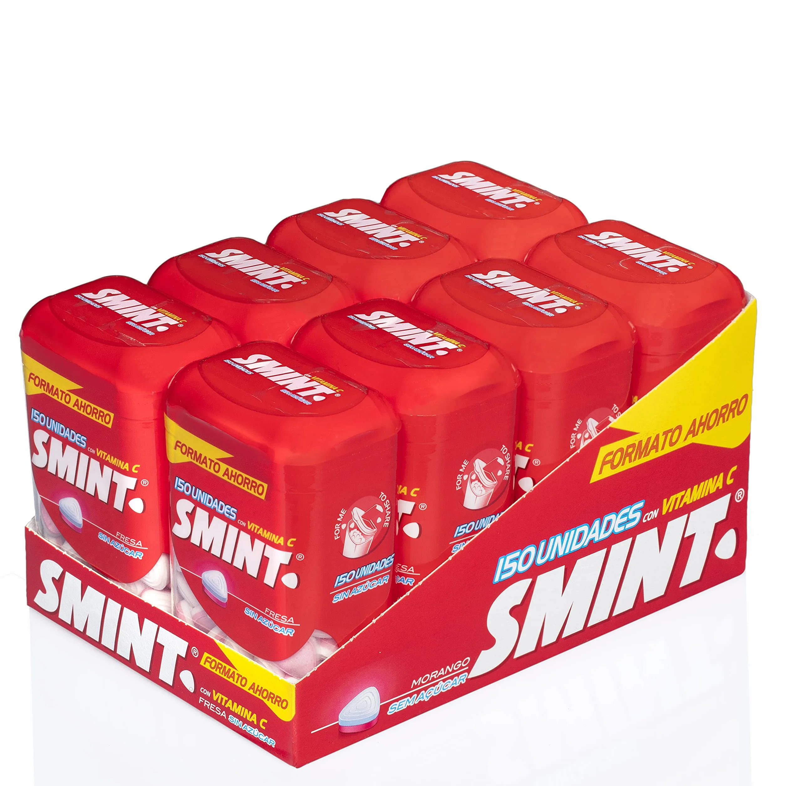 Smint Bote Ahorro Fresa, Caramelo Comprimido Sin Azúcar - 8 unidades de 150 comprimidos (Total 840 gr.)