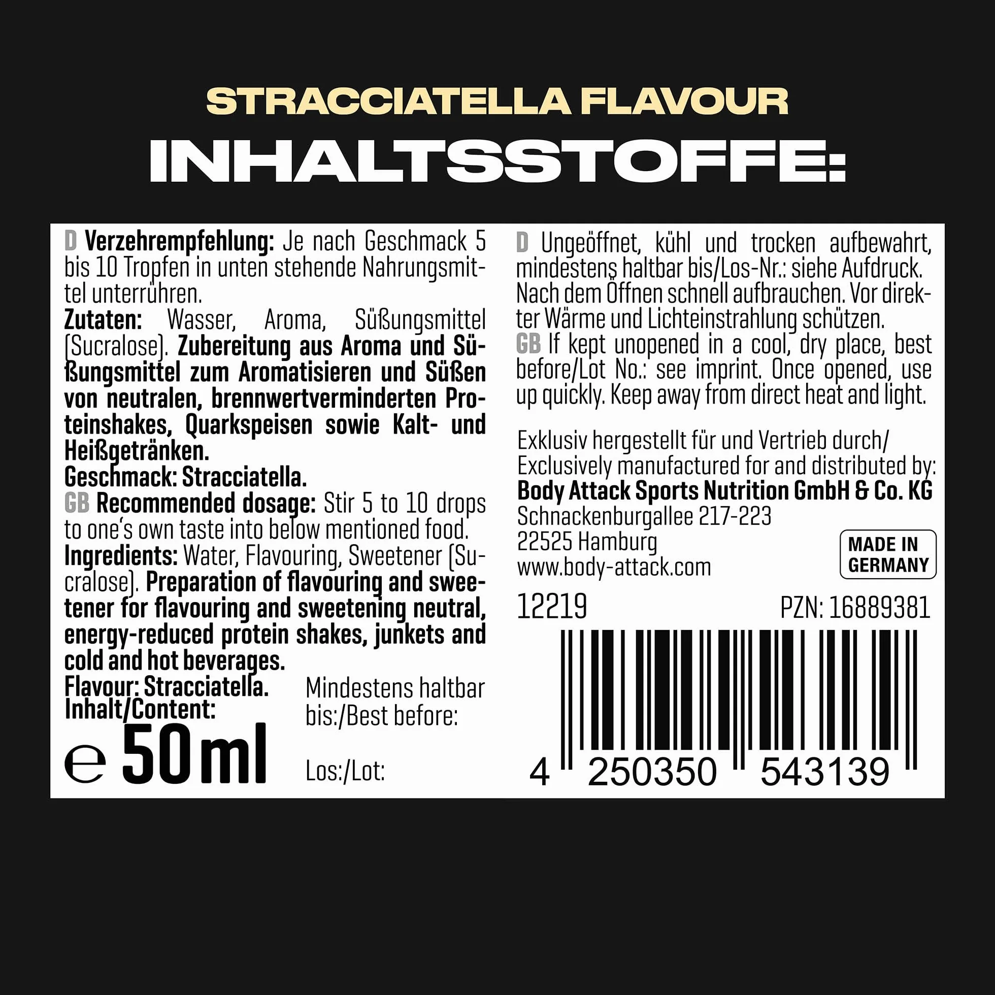 Body Attack Nutrition - Gotas De Sabor (50 Ml) - Aromas y edulcorantes - Sabores sin calorías - Stracciatella