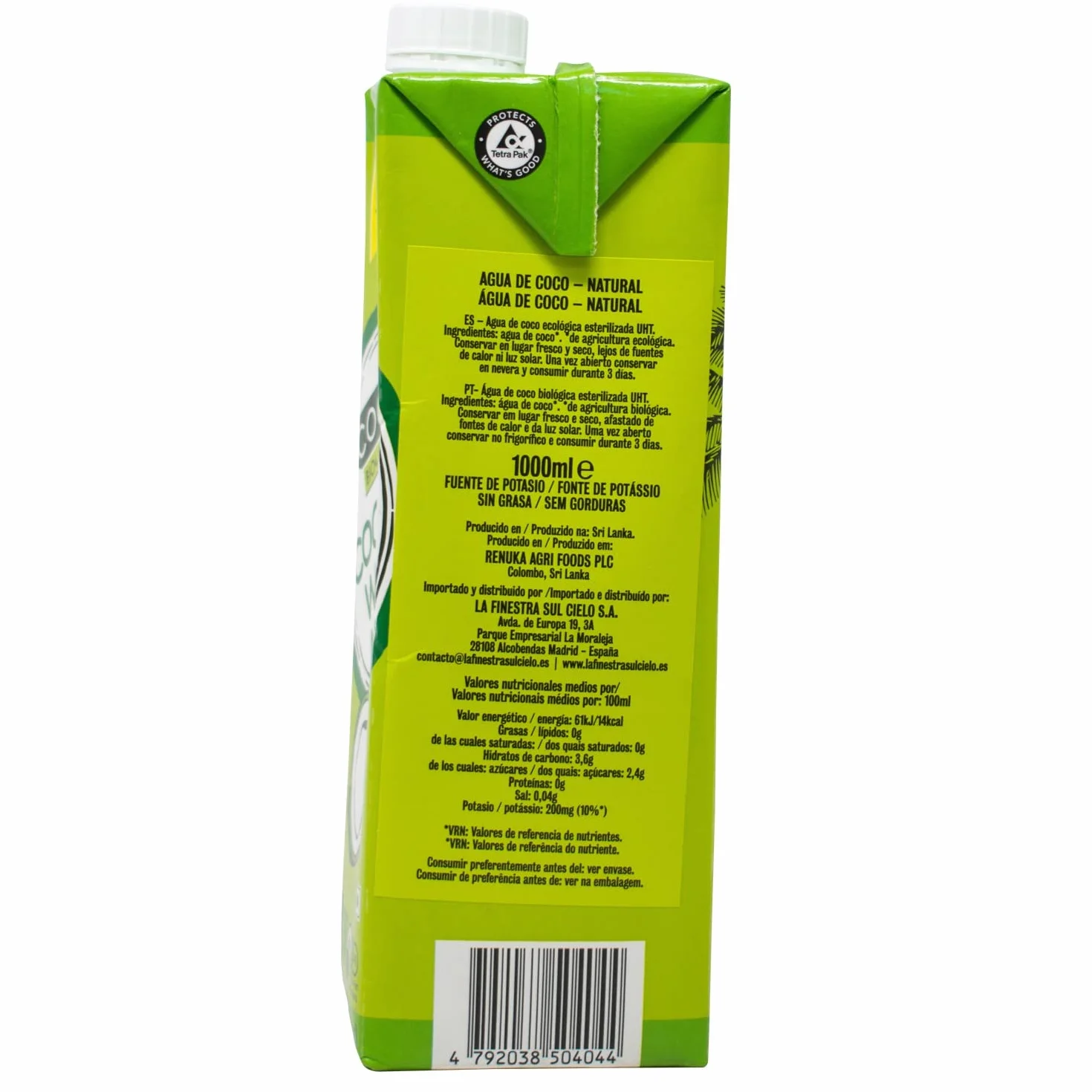 Agua de coco 100% Bio 1L.