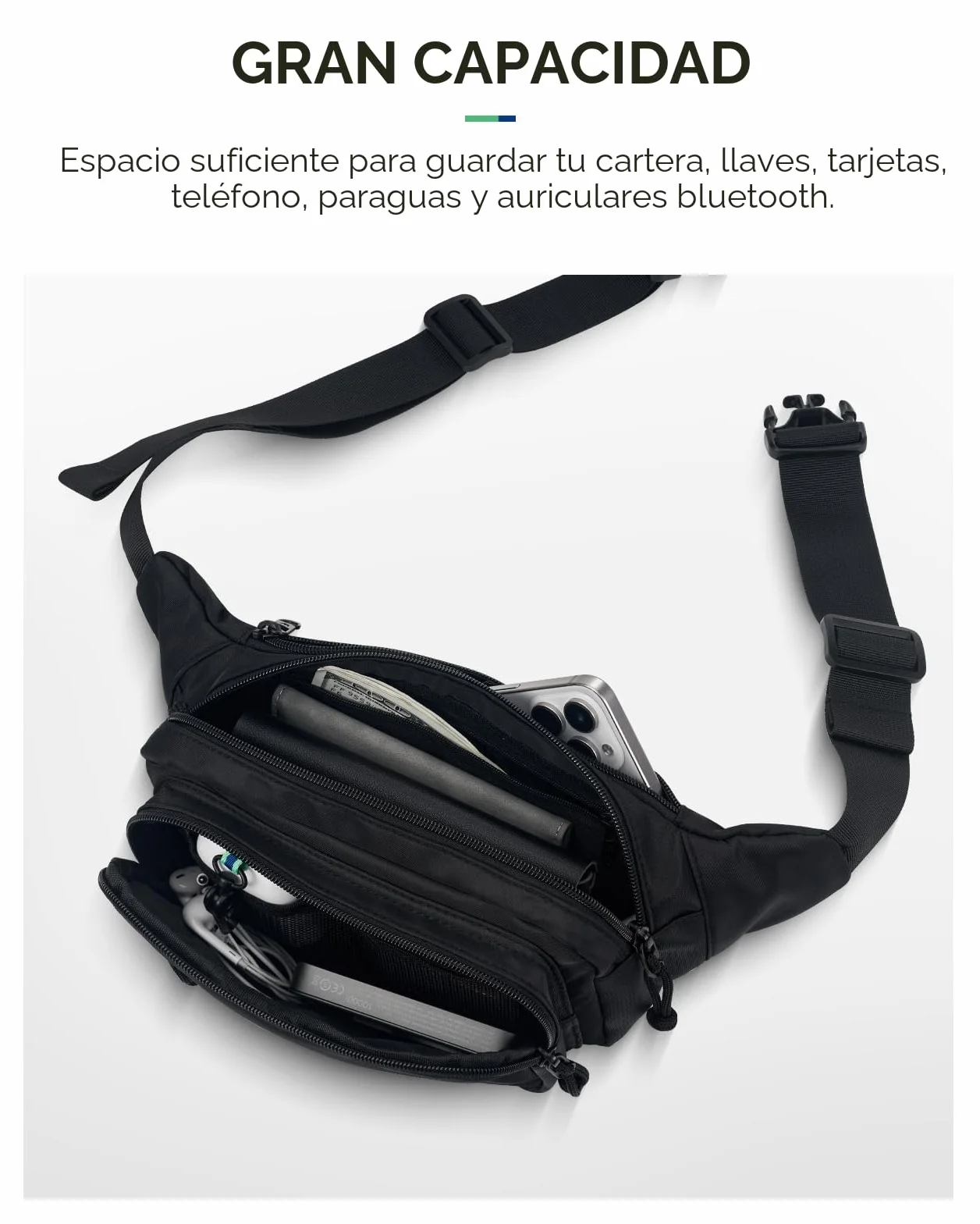 Waterfly Riñonera Grande Bolsa de Cinturón 4 Bolsillos Cremallera Cinturón Ajustable