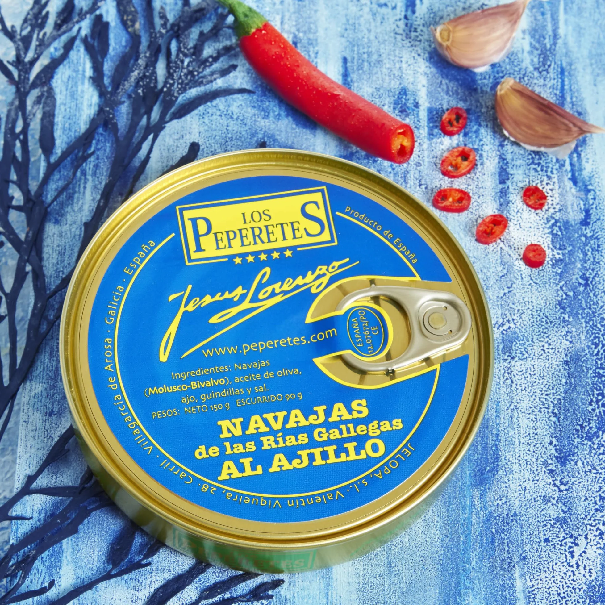LOS PEPERETES x3 Lata Navajas al Ajillo 120 g | Marisco Gallego Gourmet | Elaboración Artesanal | Conserva Premium con Aceite de Oliva, Ajo y Guindilla | Sabor Tradicional de Galicia