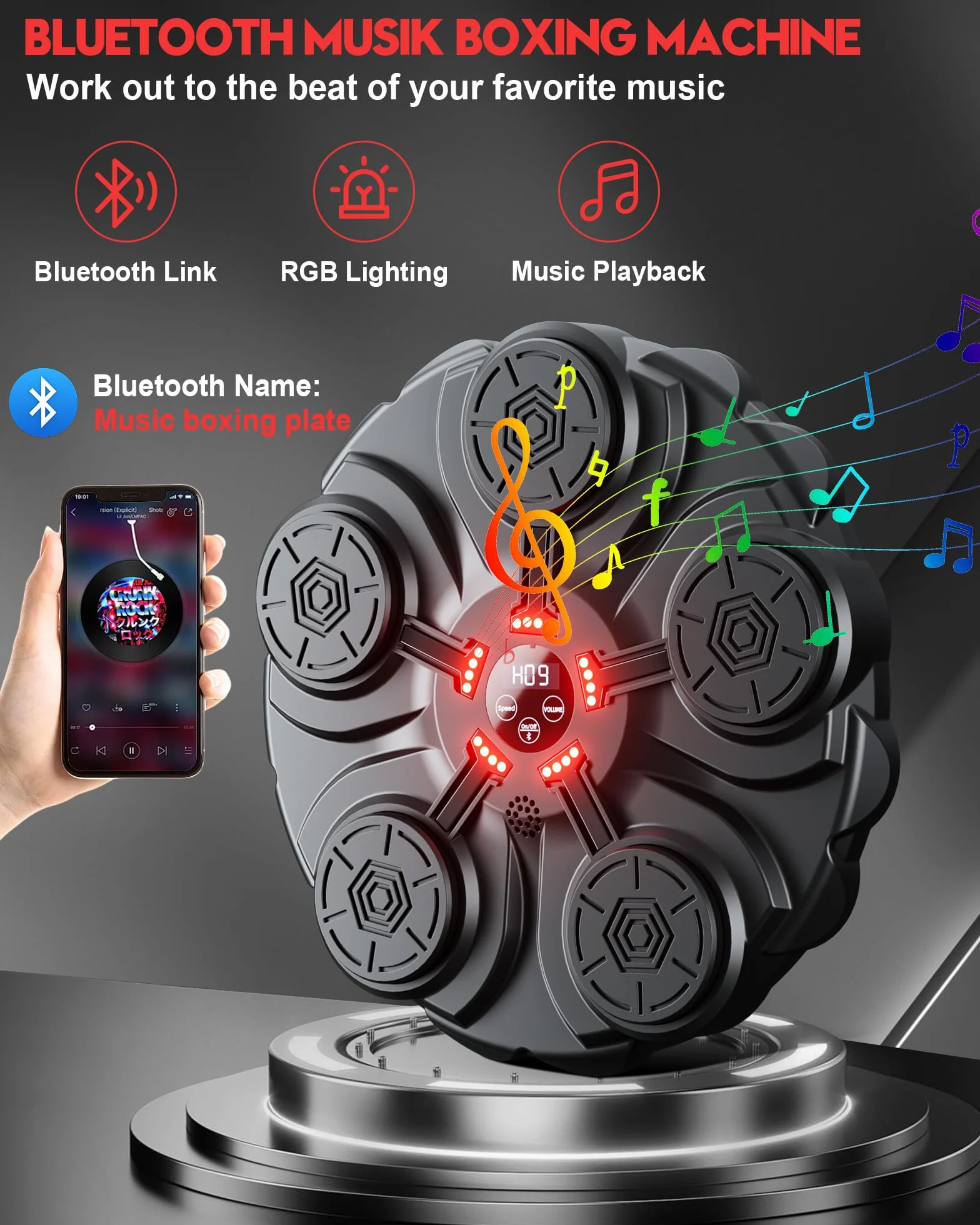 Máquina de Boxeo con Música LED y Guantes - 9 Velocidades Ajustables Bluetooth para Niños