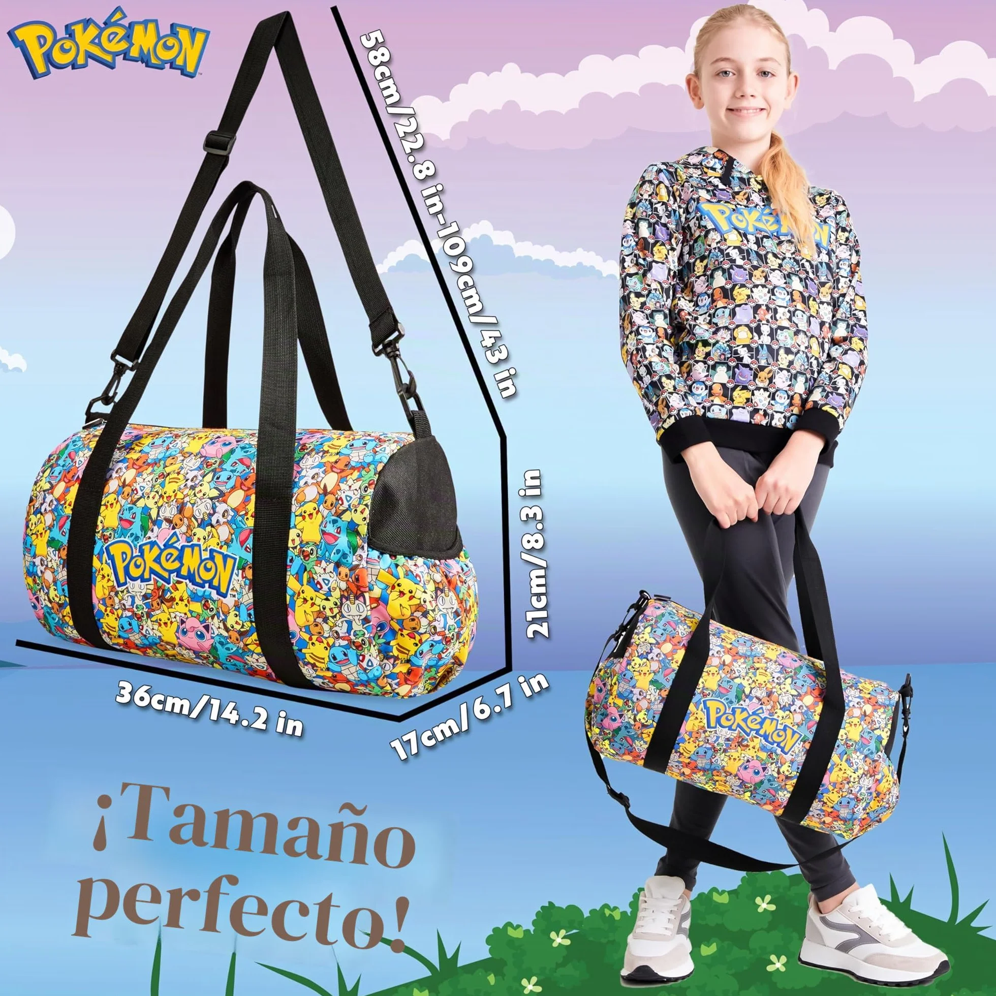 Pokémon Bolsa Deporte Niño Niña Piscina Viaje Playa Futbol Gym Oficial Pikachu Multicolor