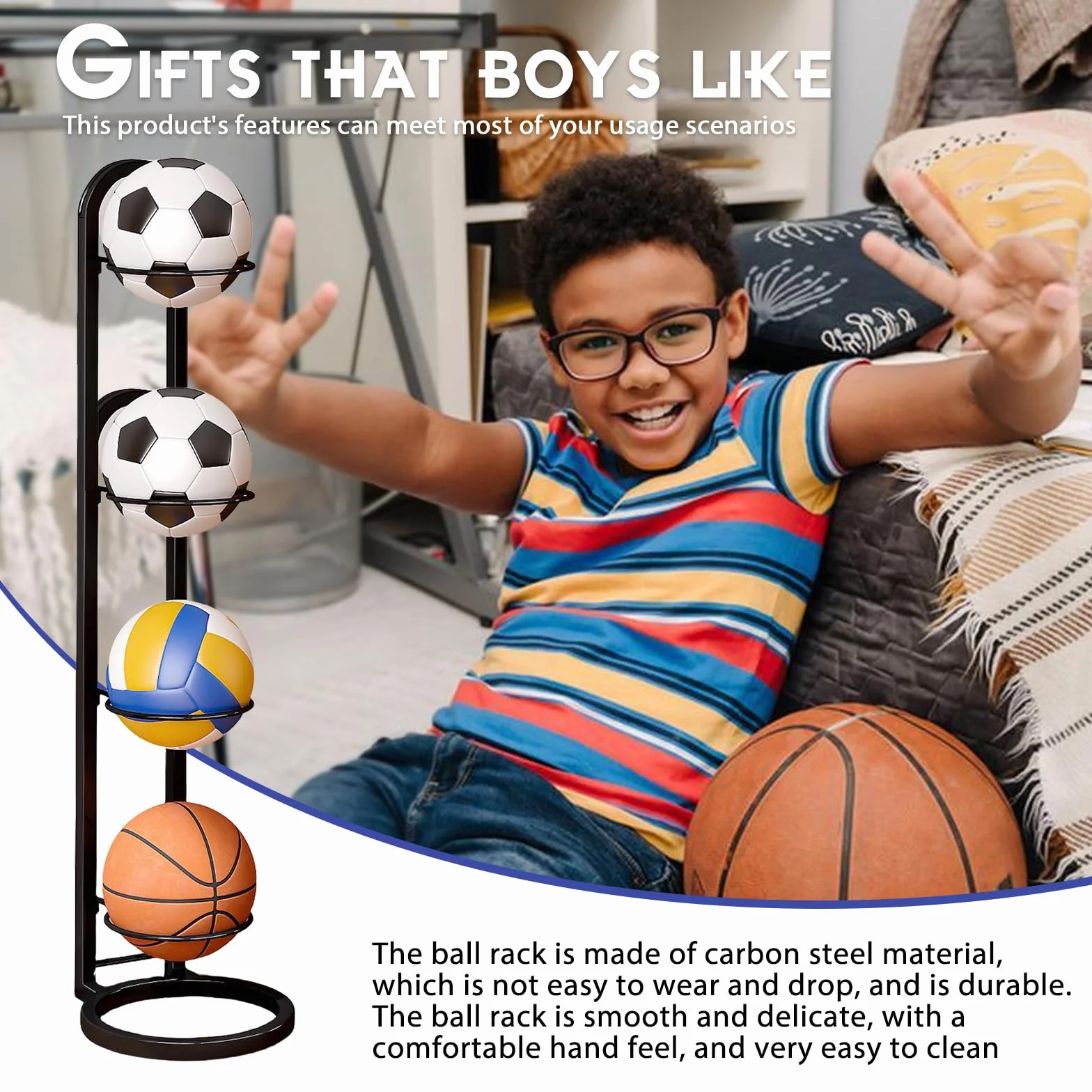 Estantería de 4 niveles para balones, soporte metálico para baloncesto, fútbol y voleibol