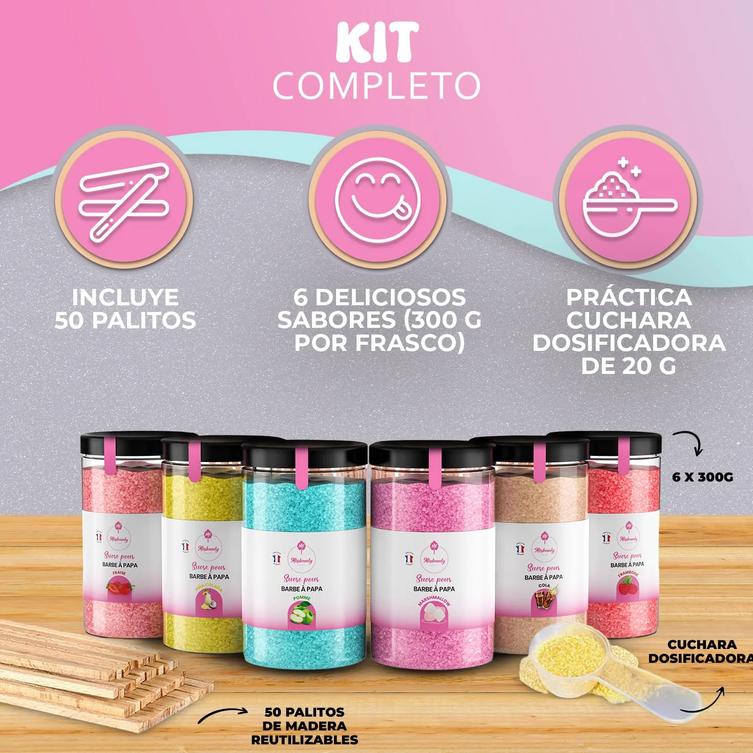 Misskandy,azucar para algodon de azucar/para máquina 1,8 kg (6 * 300g)/sabores: fresa, manzana, malvavisco, cola, frambuesa, piña colada, + 50 palos (30 cm) (ofrecido)