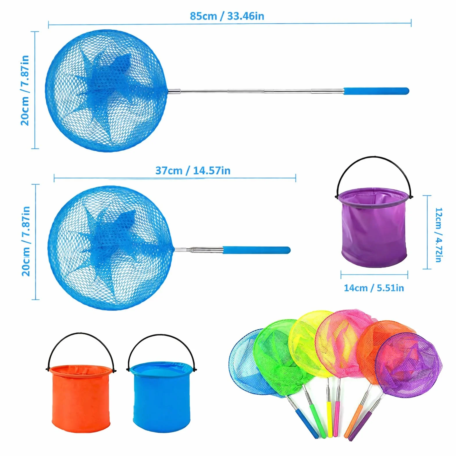 Redes Telescópicas de Mariposa de Acero Inoxidable 37-85 cm, 6 Piezas con Cubos Plegables