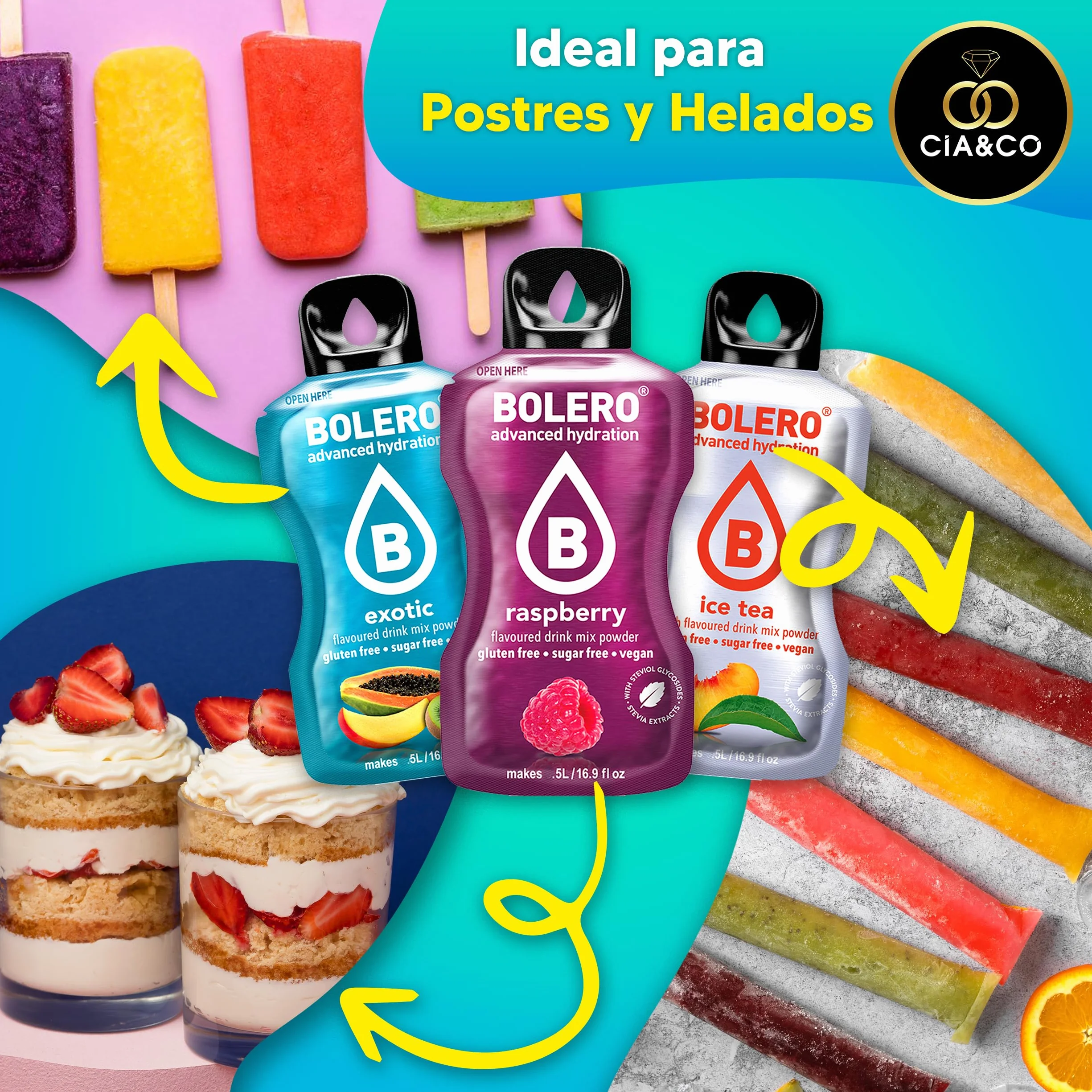 Bolero MIX Sabores VARIADOS 78x9g + BOTELLA 1500ml Aguamarina + 50 Pepitas Saludables Cia&Co - Hidratación Saludable sin Azúcar
