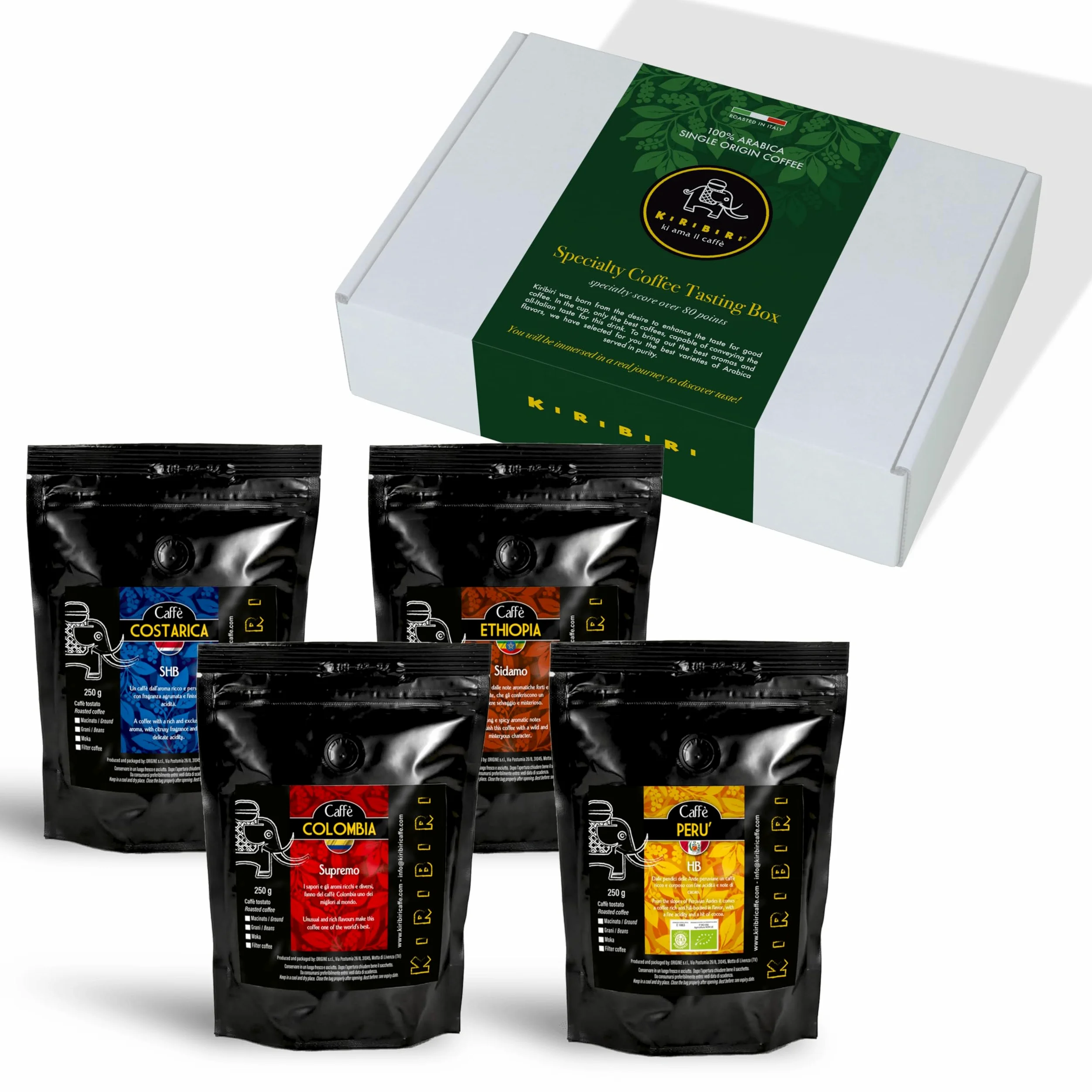 KIRIBIRI Café Especial de Origen 100% Arábica en Grano - Paquete de 4 x 250 g - Orígenes: Colombia, Costa Rica, Perú Orgánico, Etiopía