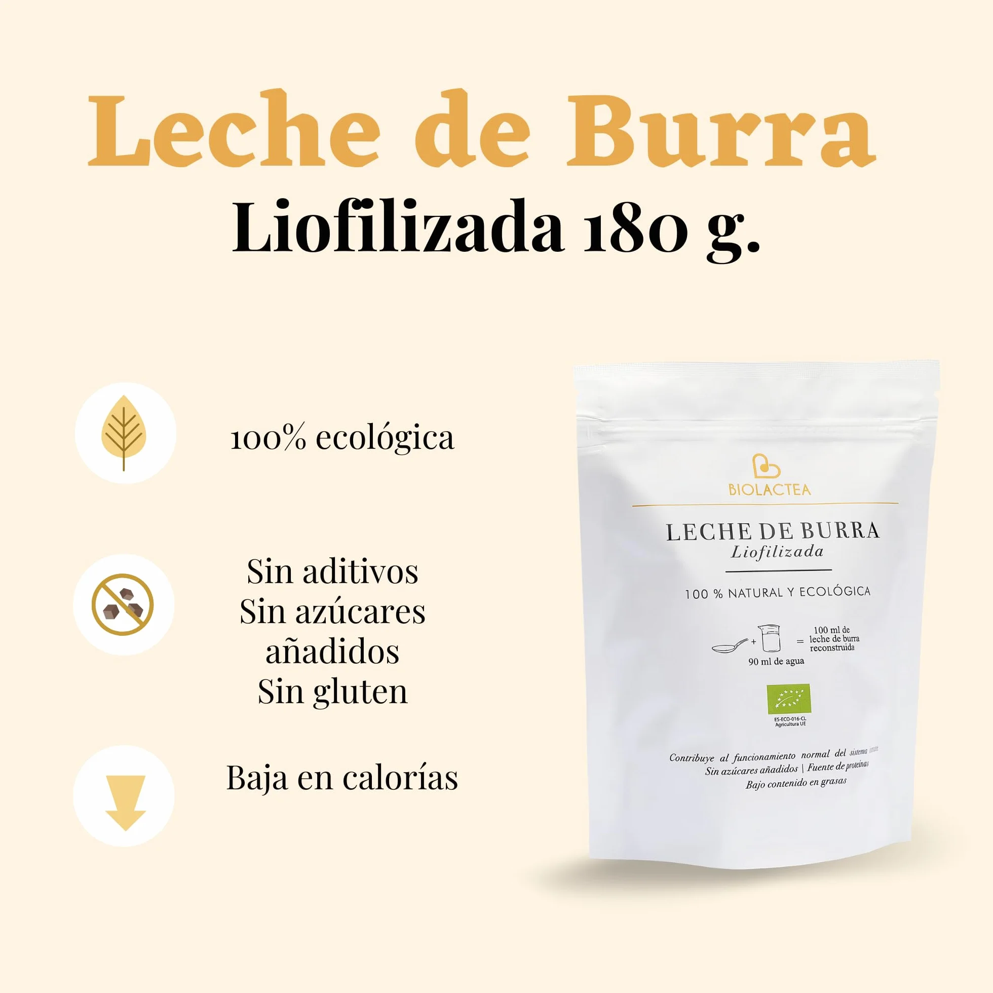 Biolactea Leche de Burra en Polvo 180 gr - Leche Pasteurizada Liofilizada Ecológica Rica en Proteínas