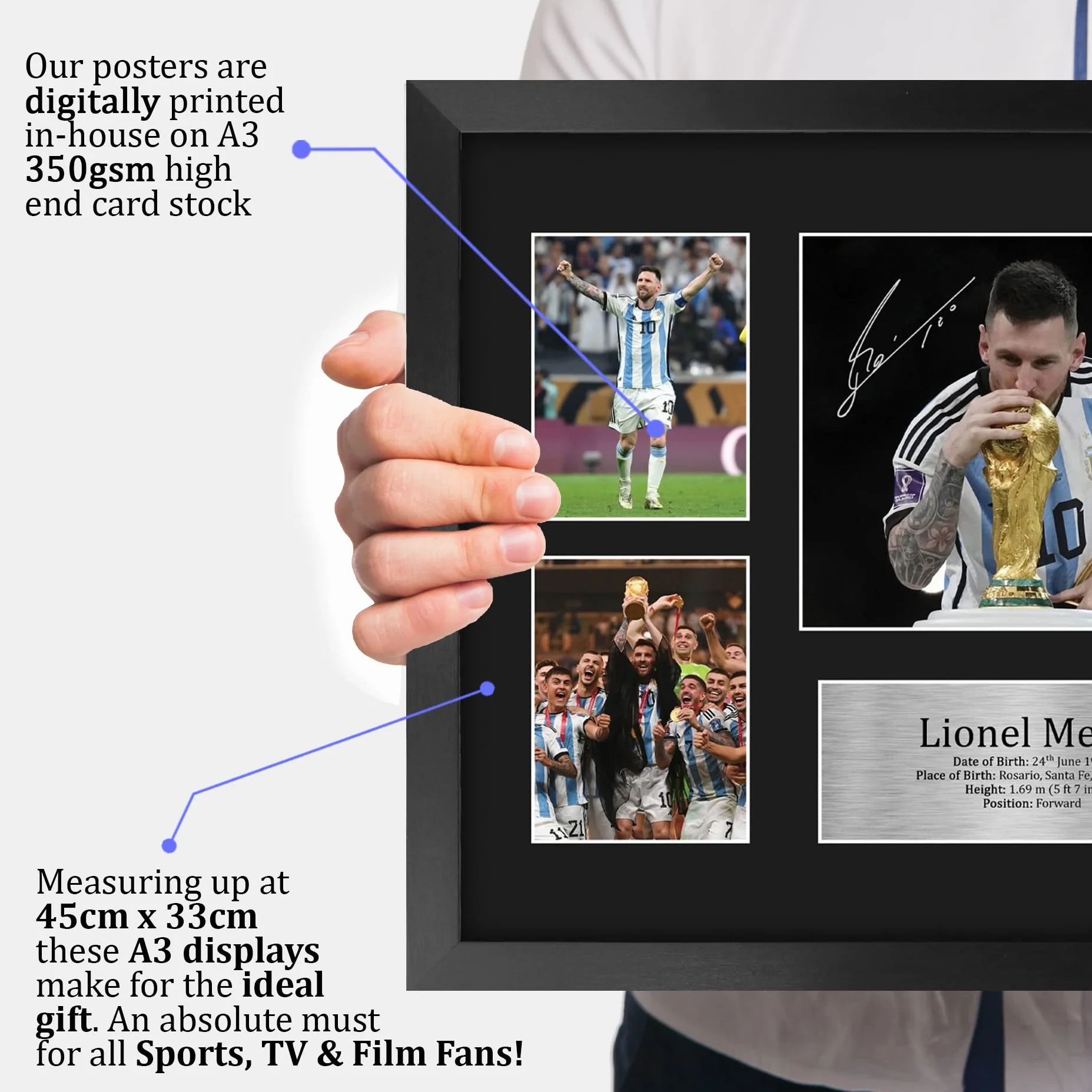 Cuadro con foto y autógrafo de Lionel Messi de Argentina, tamaño A3, con marco