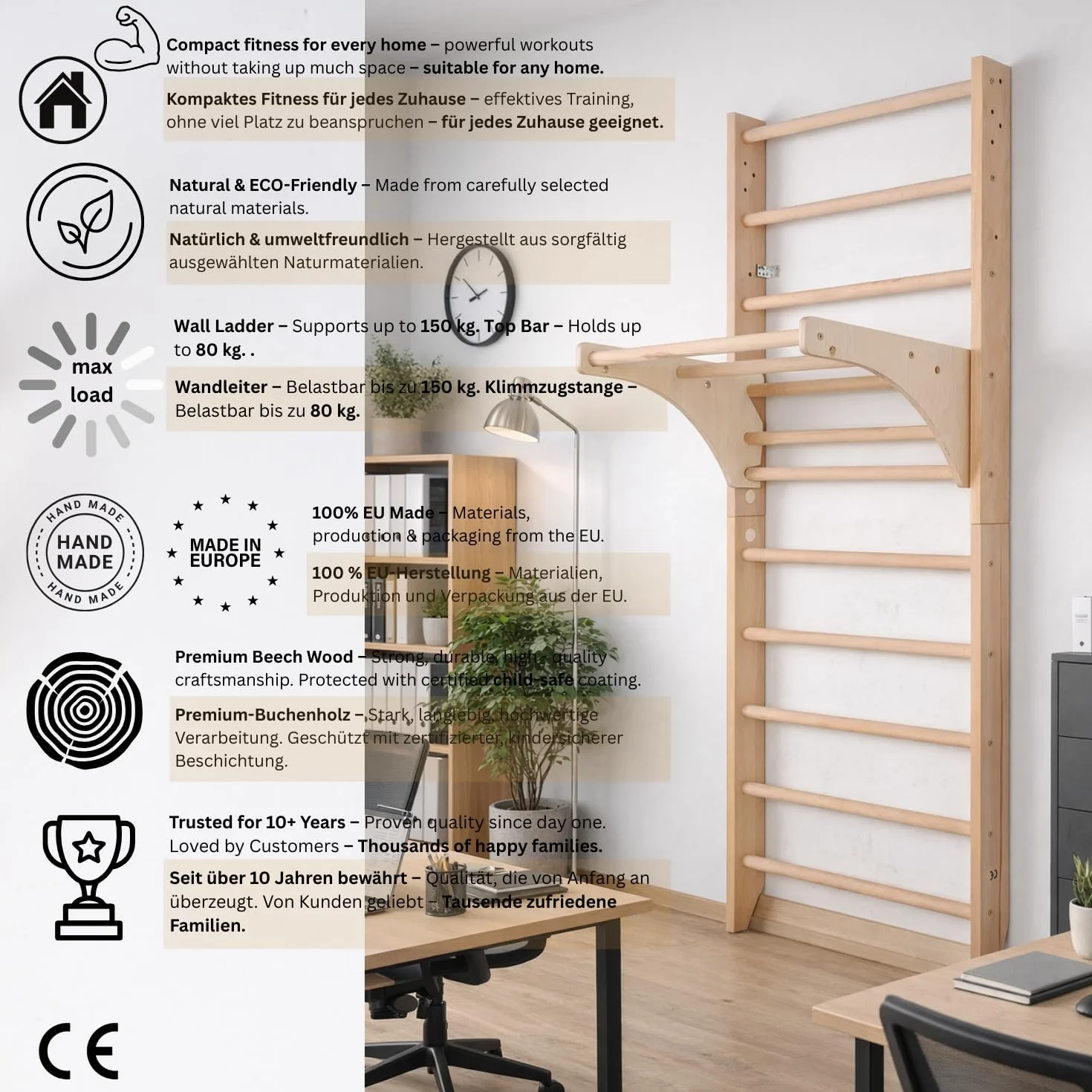 Espaldera de Gimnasio Kombi-1-220 Escalera Sueca de Madera para Niños y Adultos