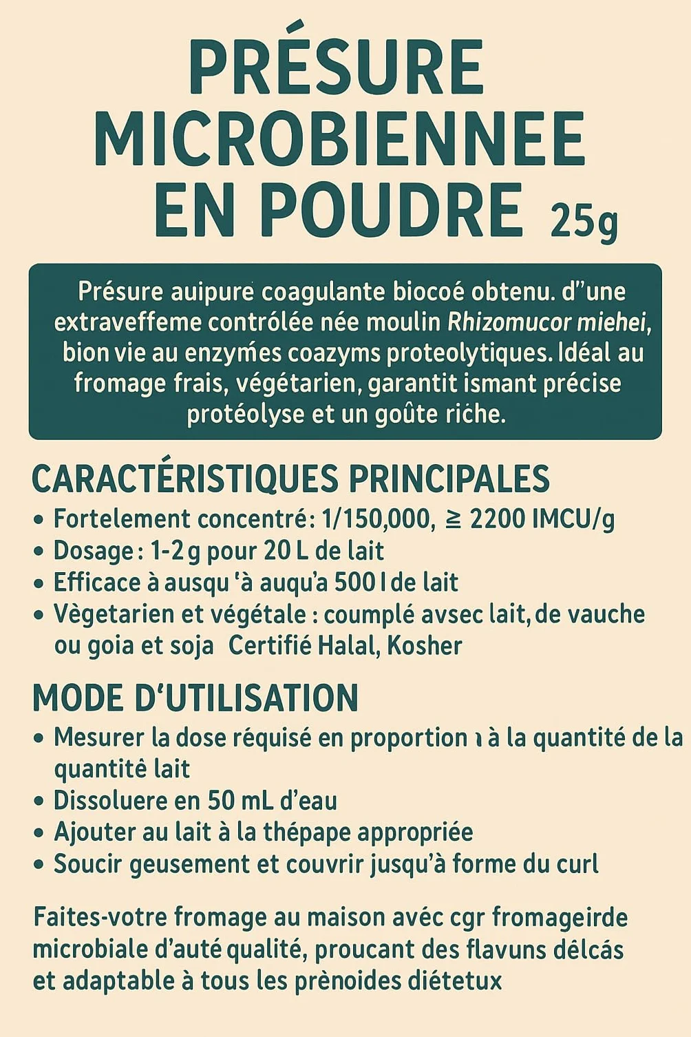 Cuajo en Polvo Microflora 25 g – Cuajo Vegano y Natural para la Elaboración de Quesos Frescos y Veganos
