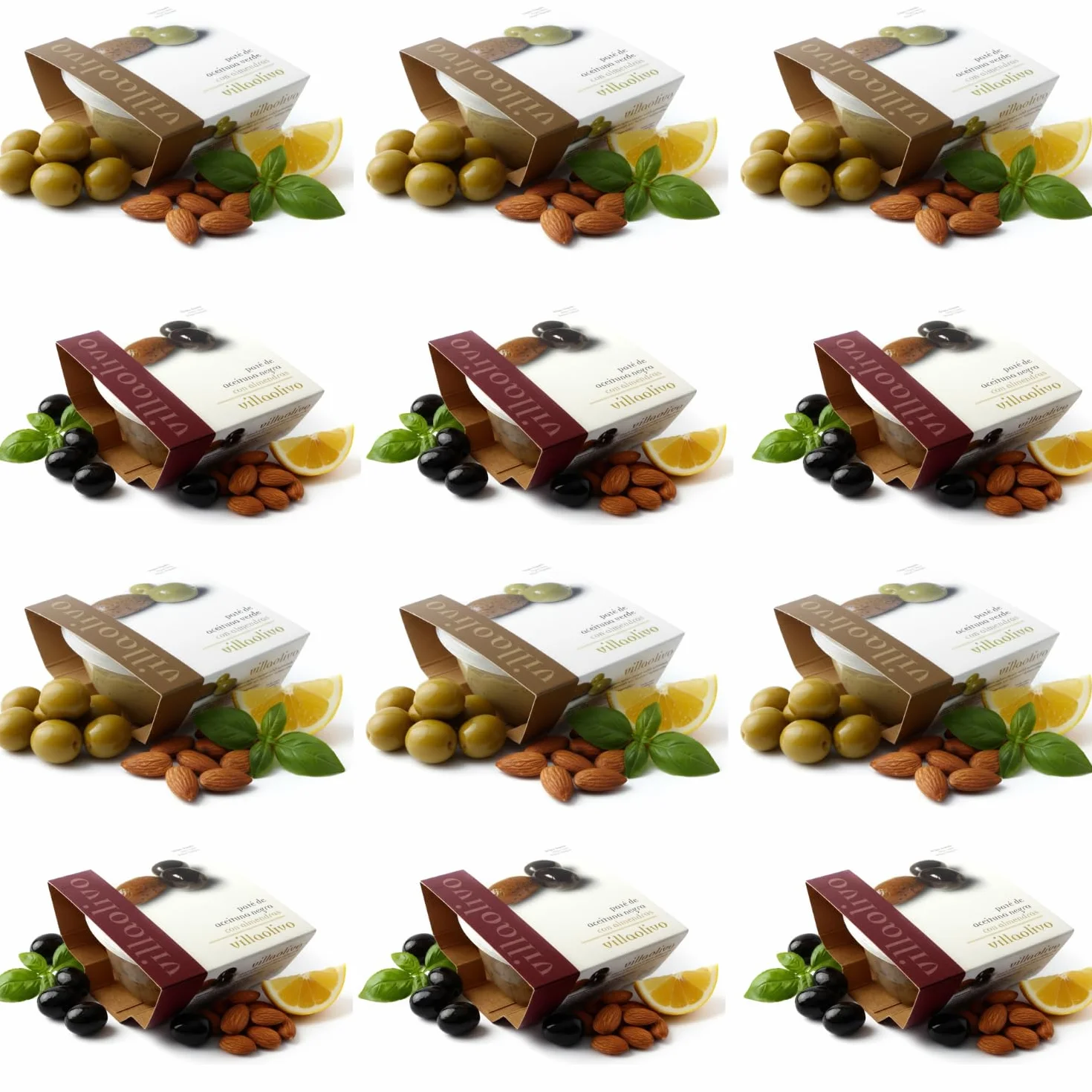 Villaolivo - Pack 12x125g Paté Gourmet de Aceitunas Verdes con Almendras y Aceitunas Negras con Almendras | 100% Natural, Vegano y Sin Conservantes | Ideal para Tapas y Tostadas | Hecho en España