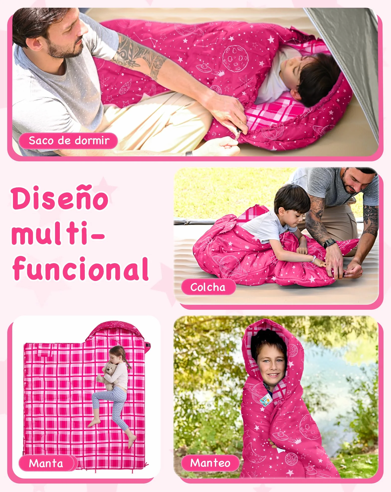 KingCamp Saco de Dormir Niños Franela de Algodón | 170 X 70 cm | 7℃ a -13 ℃ | Cálido y Cómodo para Niñas(Altura máxima hasta 145 cm) | Invierno Camping Accesorios, Viajes y Actividades