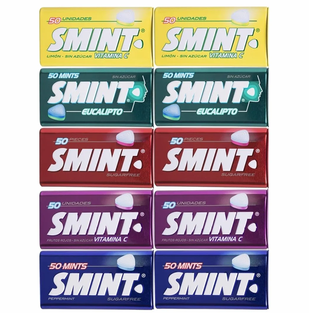 iChuches - Smint Sour 3 Limón + 3 Fresa, XL 4 Menta + 4 Fresa y Tin Surtido 10 Unidades 5 Sabores – Caramelos Refrescantes de Menta y Fruta para Llevar