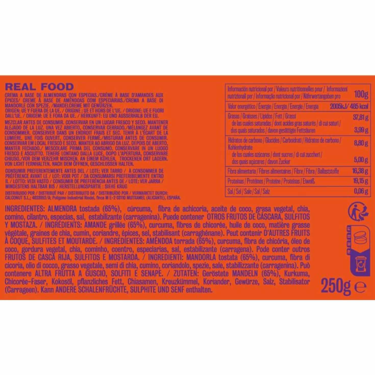 Crema Masala Spicy 1 kg nut&me | Ligeramente Picante | 65% Almendras | 100% Natural | Cúrcuma, Comino y Cilantro | Pack 4 x 250 gr