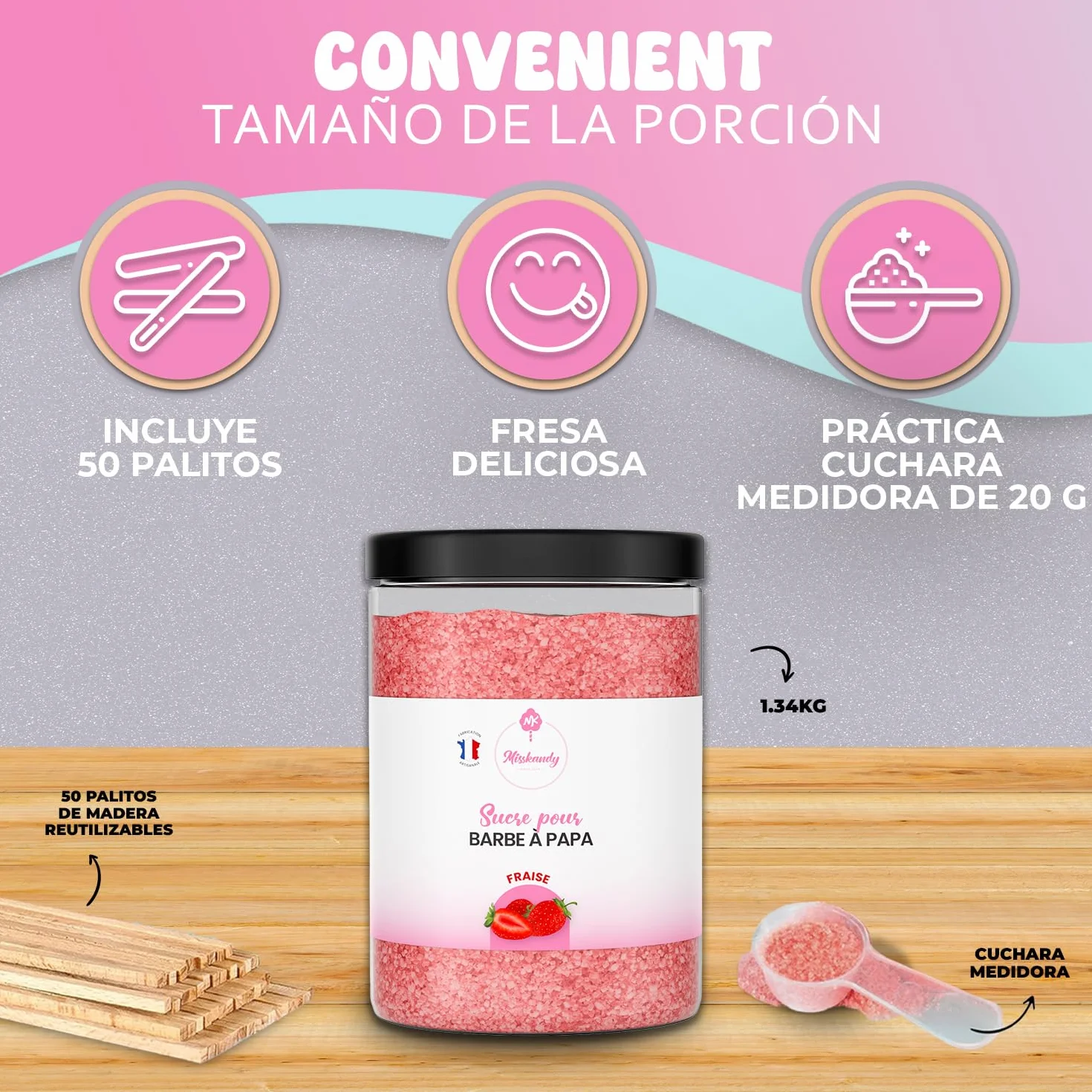 Misskandy-Azúcar para Algodón de Azúcar, Fresa 1,4 kg (Sabores y Colorantes Naturales) +50palitos