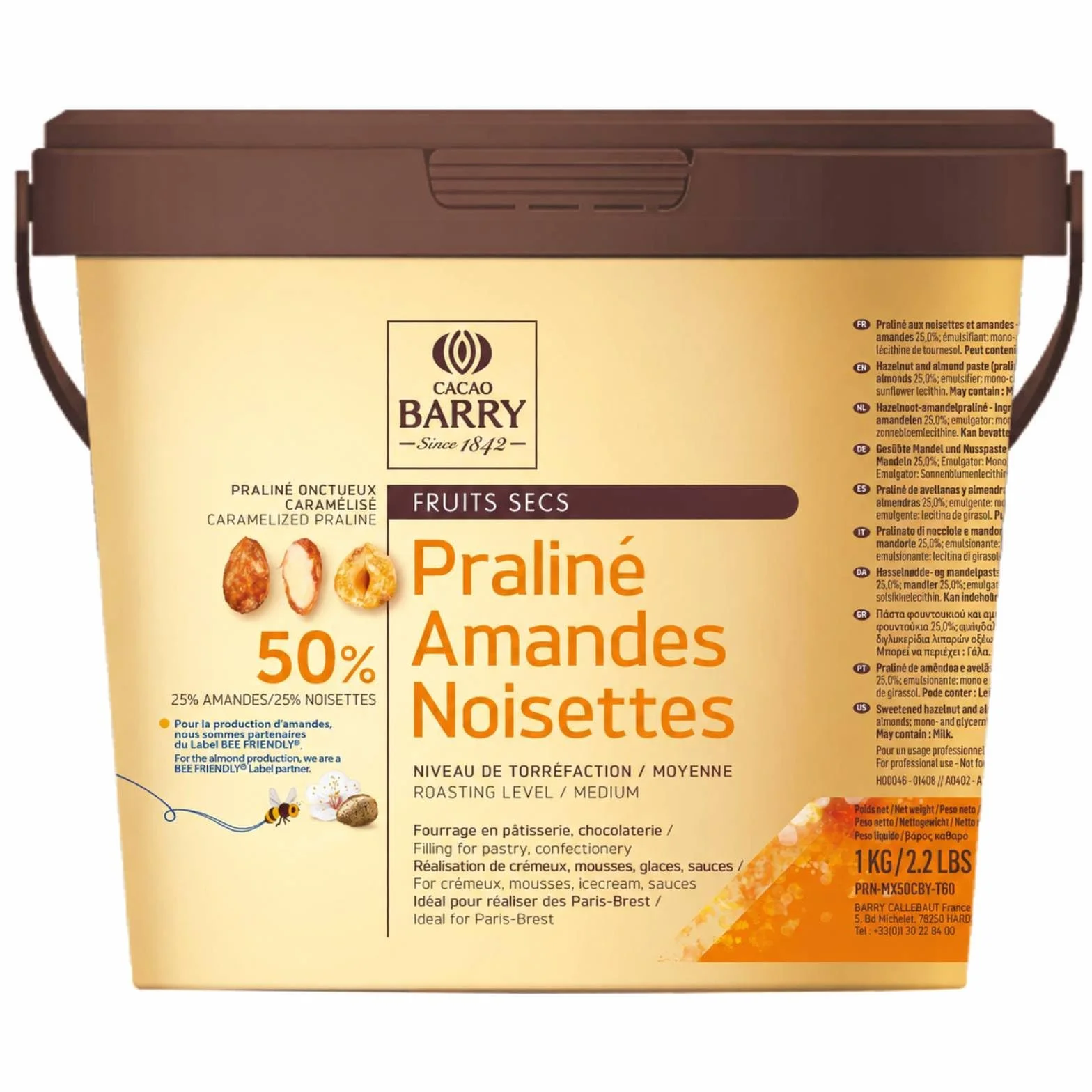 Praliné - Almendra y avellanas 50%, 25% almendras, 25% avellanas, bote de 1 kg