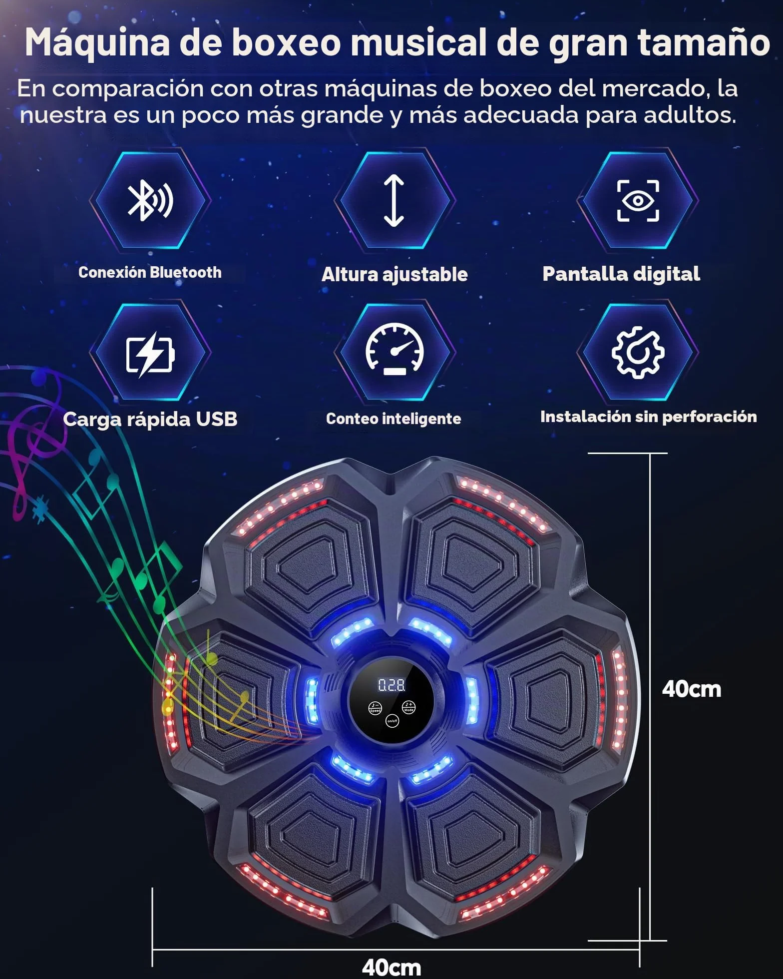 Maquina Boxeo Musical Pared 9 Modos Velocidad con Guantes Bluetooth Recuento Inteligente Luces Ritmo