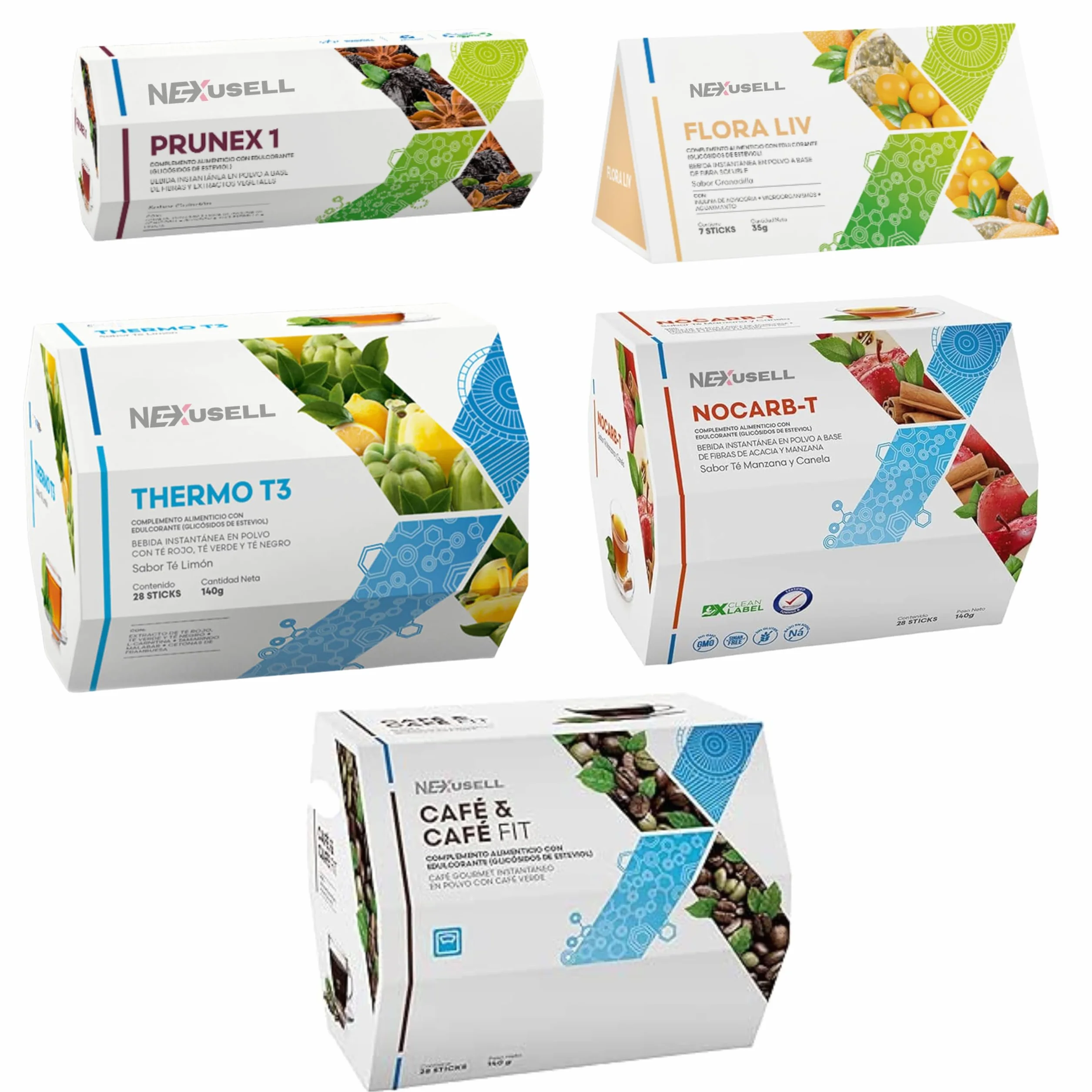 PACK Té Control de Peso 5 en 1 | 98 Sobres | Detox, Probióticos, Café Fit, Termogénico y Control de Carbohidratos | Prunex 1, Flora Liv, Thermo T3, Nocarb-T y Café Gourmet Instantáneo