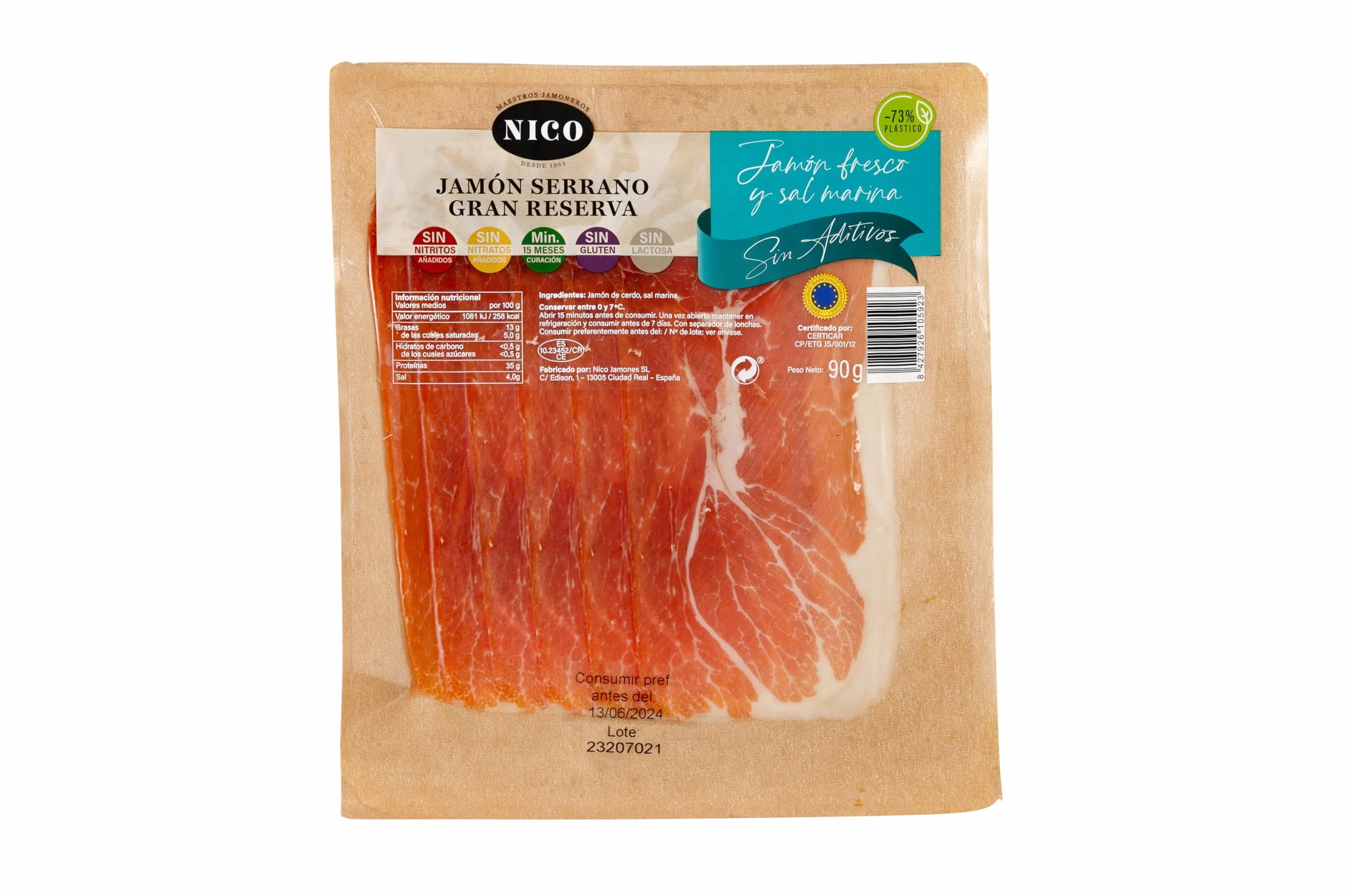 Jamón Serrano Gran Reserva 90g NICO JAMONES Caja 10 Blister Sin Aditivos Curado Tradicional 12 Meses