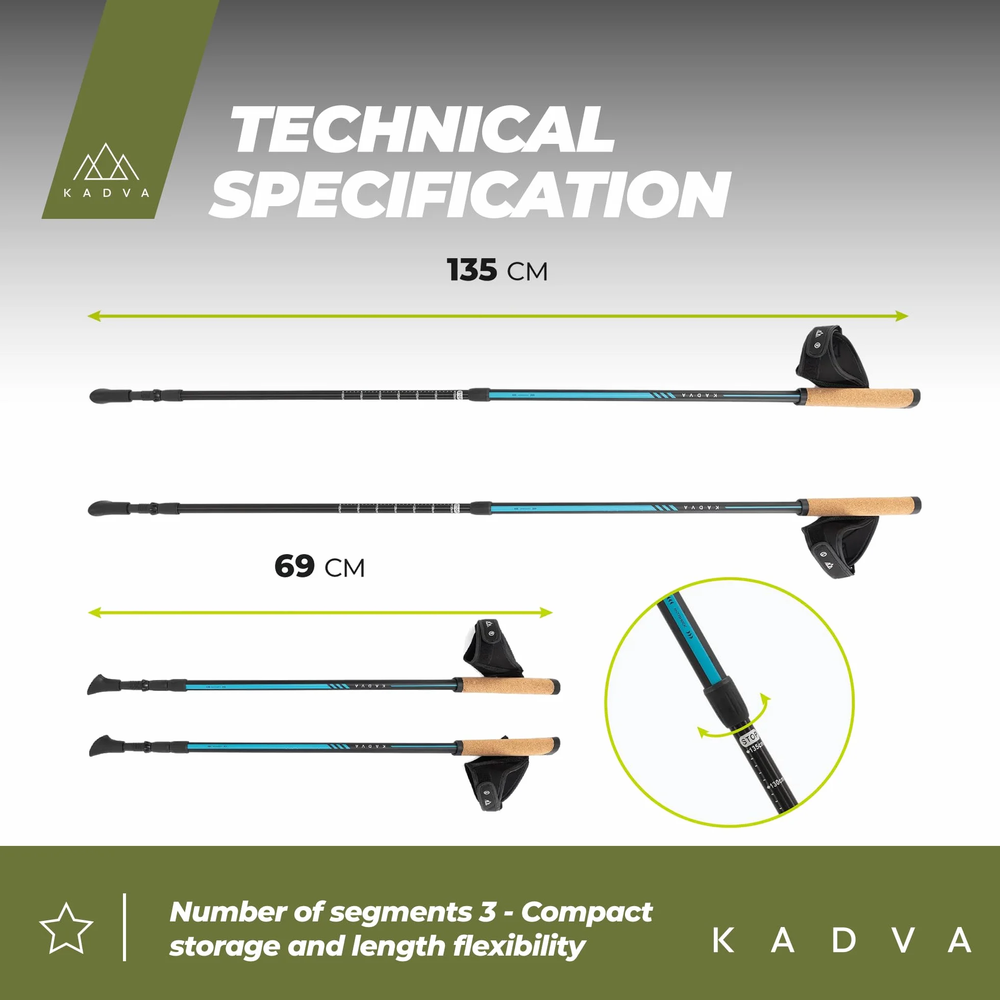 KADVA Bastones de Marcha nórdica Luna Azul Ajustable 69-135 cm Cierre de Rosca Mango Polipropileno Corcho