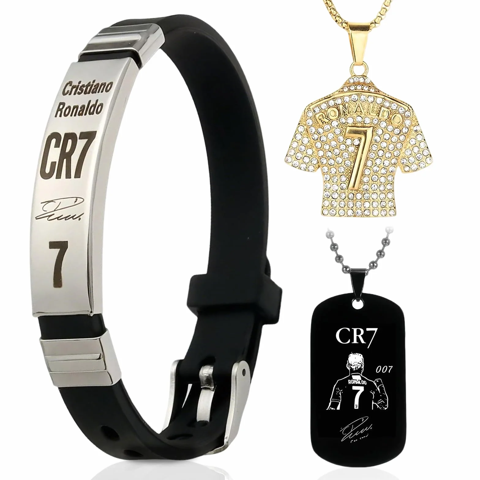 CR7 3-Piece Football Accessory Set: Black & Gold 3D Wristband, Adjustable Emblem, Football Jersey, 7-Chain Necklace
