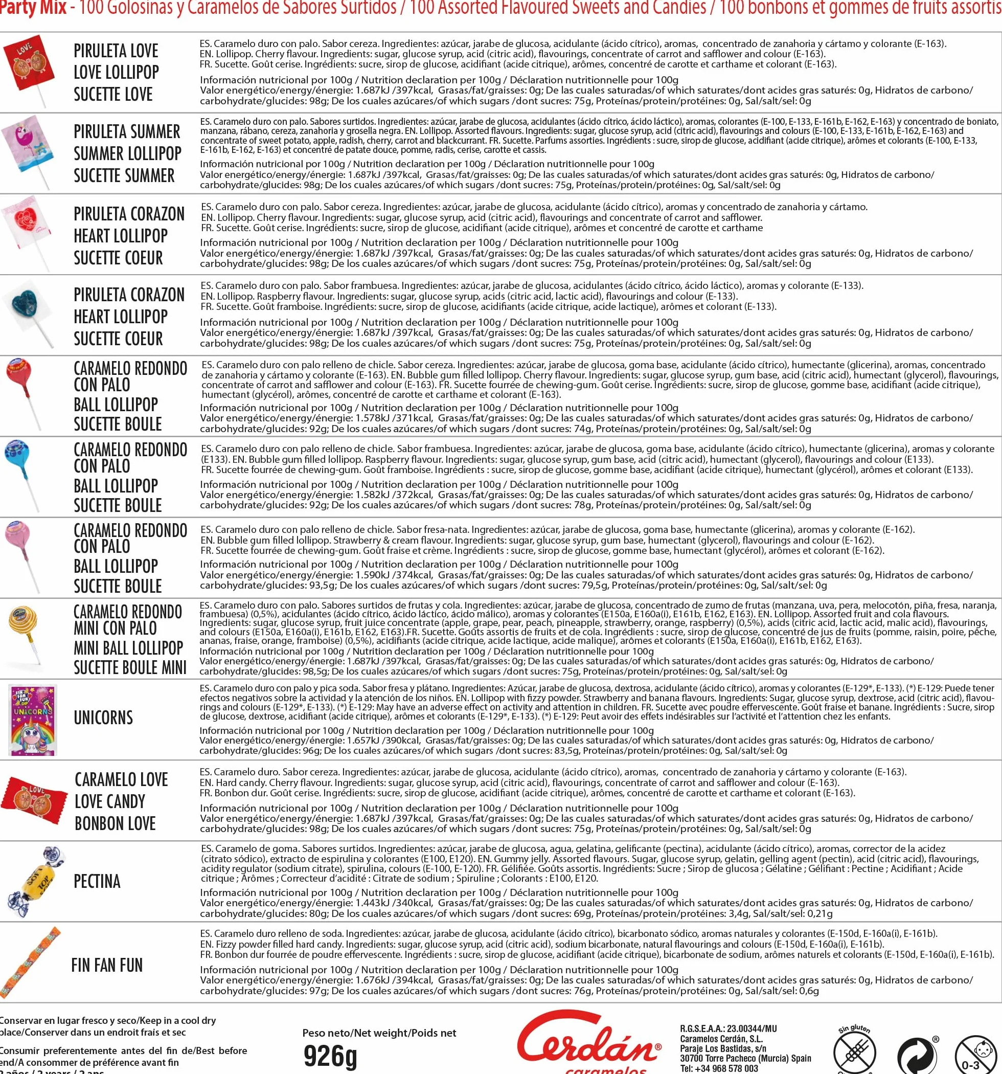 Caramelos Cerdán | Party Mix- Pack de 100 Caramelos y Chuches de Sabores Surtidos - Relleno de Piñata Sin Gluten - Ideal para Bolsas de Cumpleaños, Comuniones, Bautizos o Fiestas