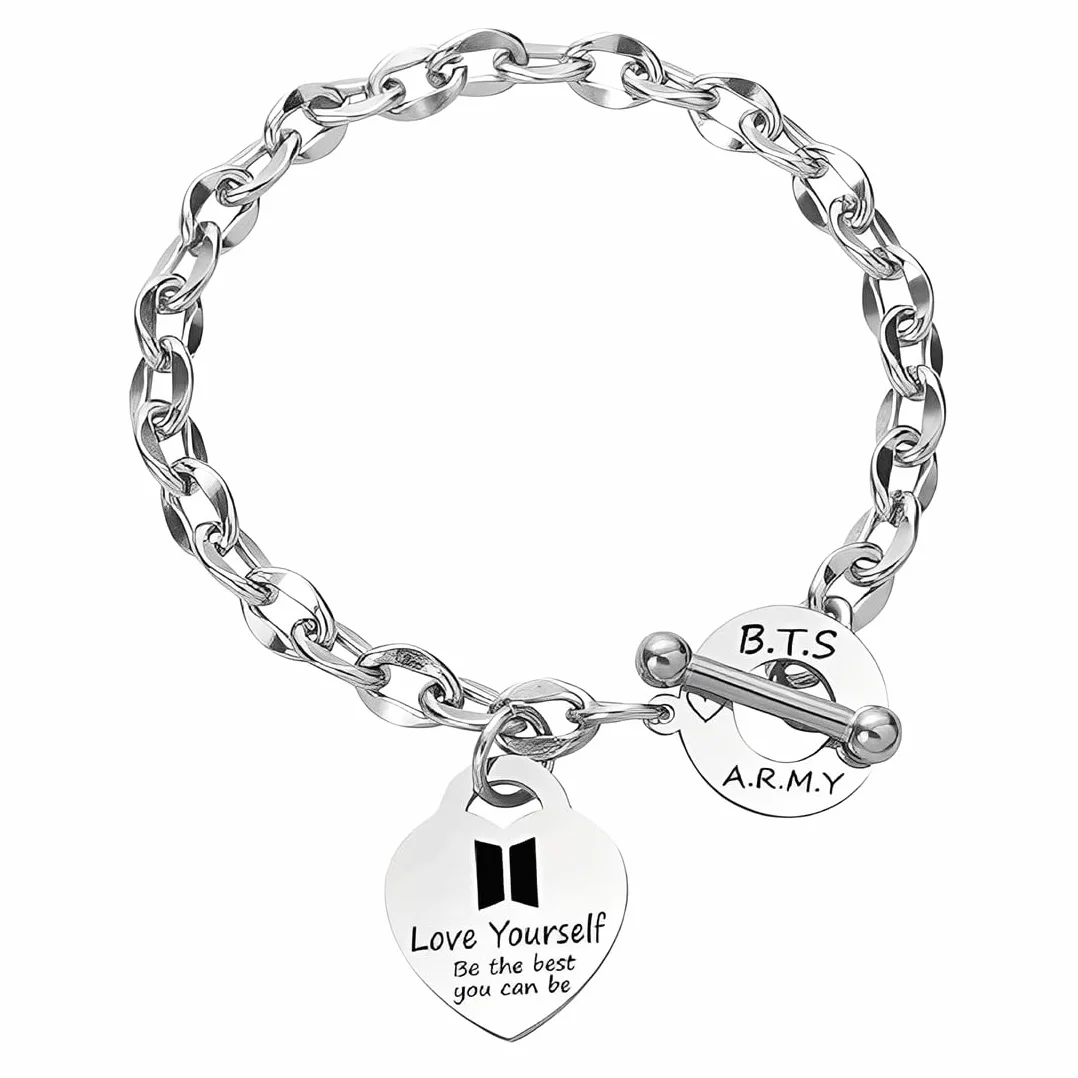 BTS Pulsera Acero Inoxidable Ajustable con Colgante Corazón