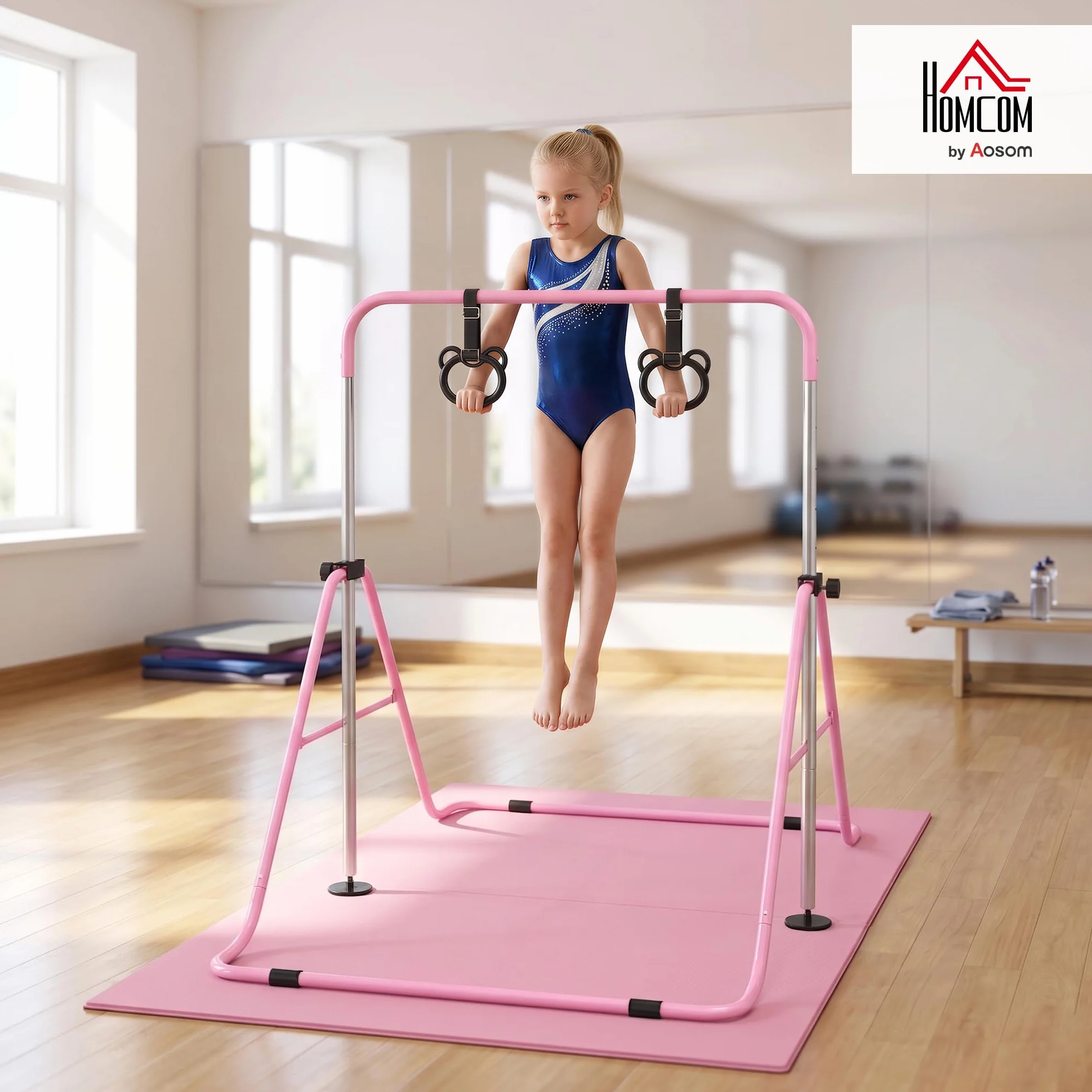 HOMCOM Barra de Gimnasia Plegable para Niños con Altura Ajustable 5 Niveles y Anillos