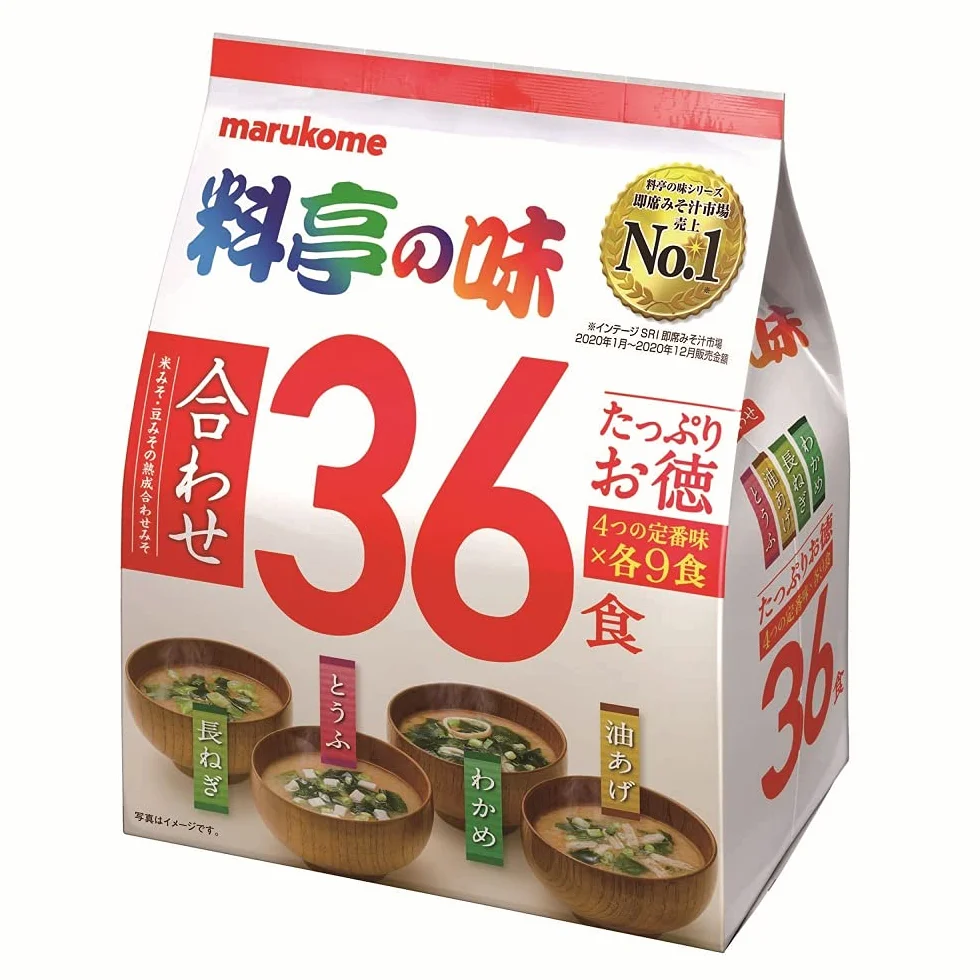 Marukome Sopa Miso Ryotei no Aji 4 Sabores, 36 sopas Miso instantáneas japonesas (algas Wakame, cebollas verdes, tofu, aburaage), juego de 3 paquetes