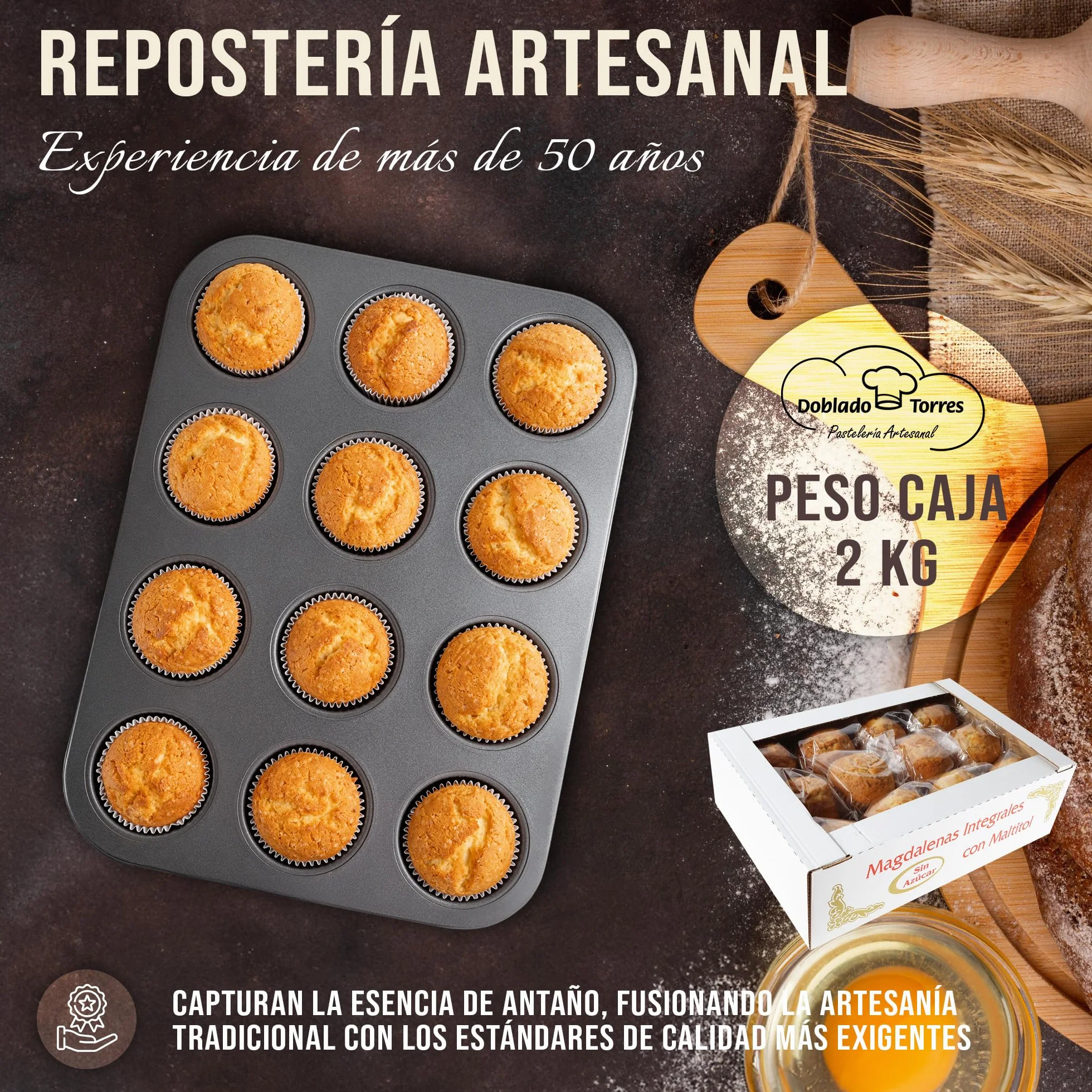Doblado Torres Magdalenas Integral Sin Azúcar - Magdalenas Caseras con Huevos Frescos. Bollería Sin Azúcar. Ideal para un Desayuno Saludable. Envasadas Individualmente 24 unidades