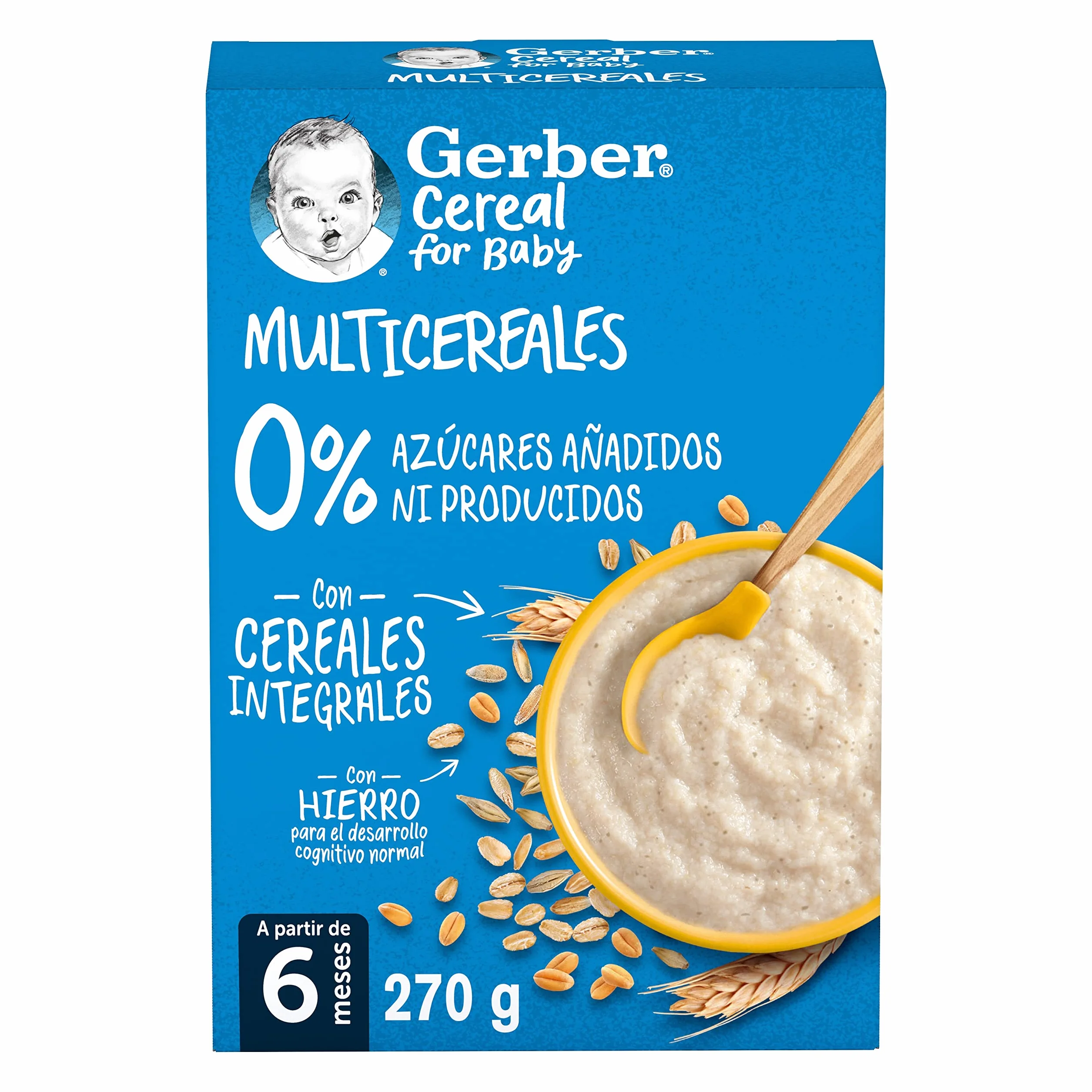 GERBER Multicereales 0% 0%, Papilla de Cereales para Bebés, Paquete 6x270g, a partir de 6 meses