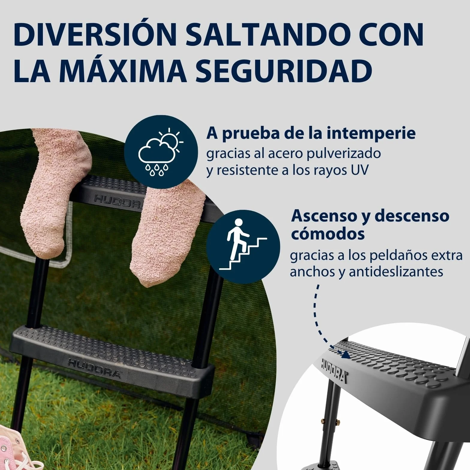 HUDORA Escalera Universal Antideslizante para Trampolines - Altura Ajustable con Peldaños Anchos, Resistente UV