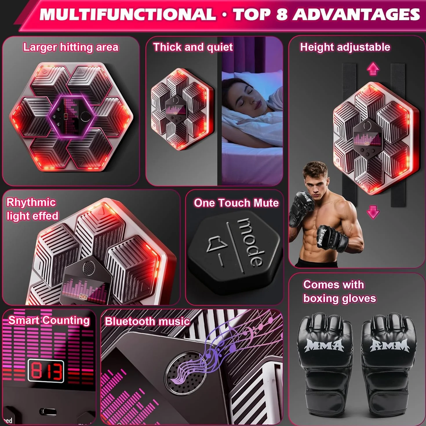 Máquina de Boxeo Musical con Bluetooth, 14 Modos, 16 Velocidades, Recuento Inteligente y Luces