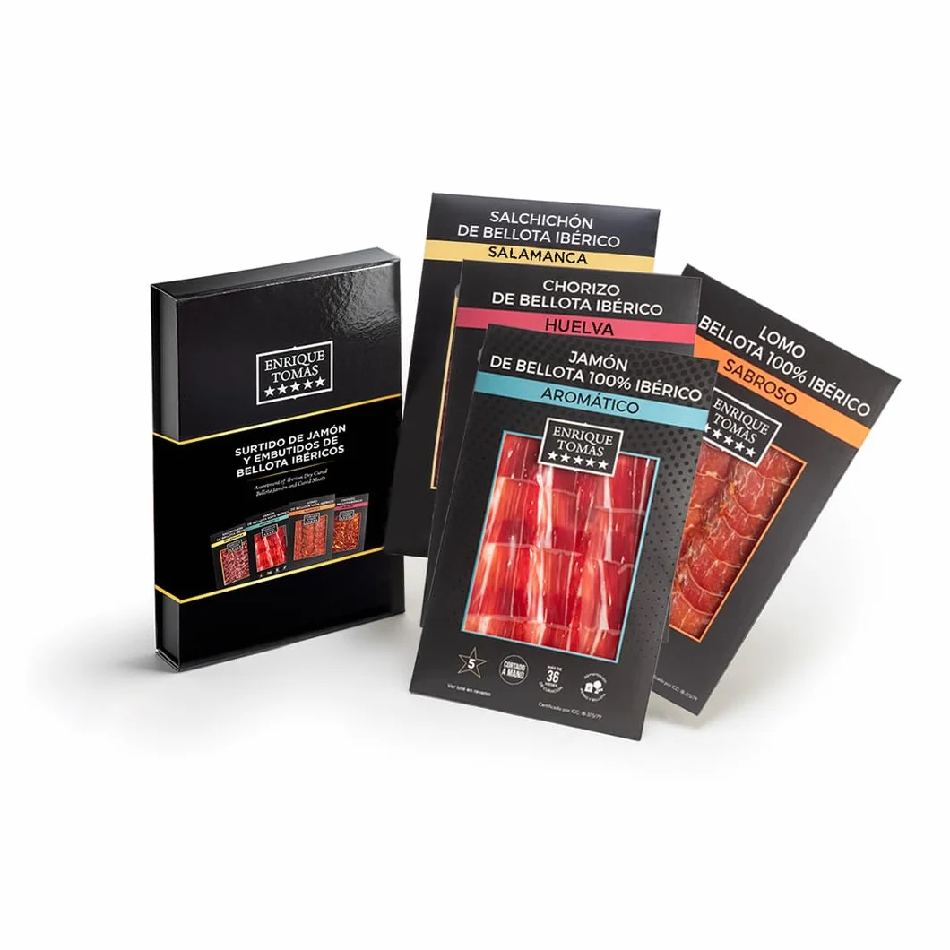 ENRIQUE TOMAS Caja Recomendada Premium Surtido de jamón y embutidos de bellota ibéricos Jamón 100% Salchichón Chorizo Lomo 100% de bellota