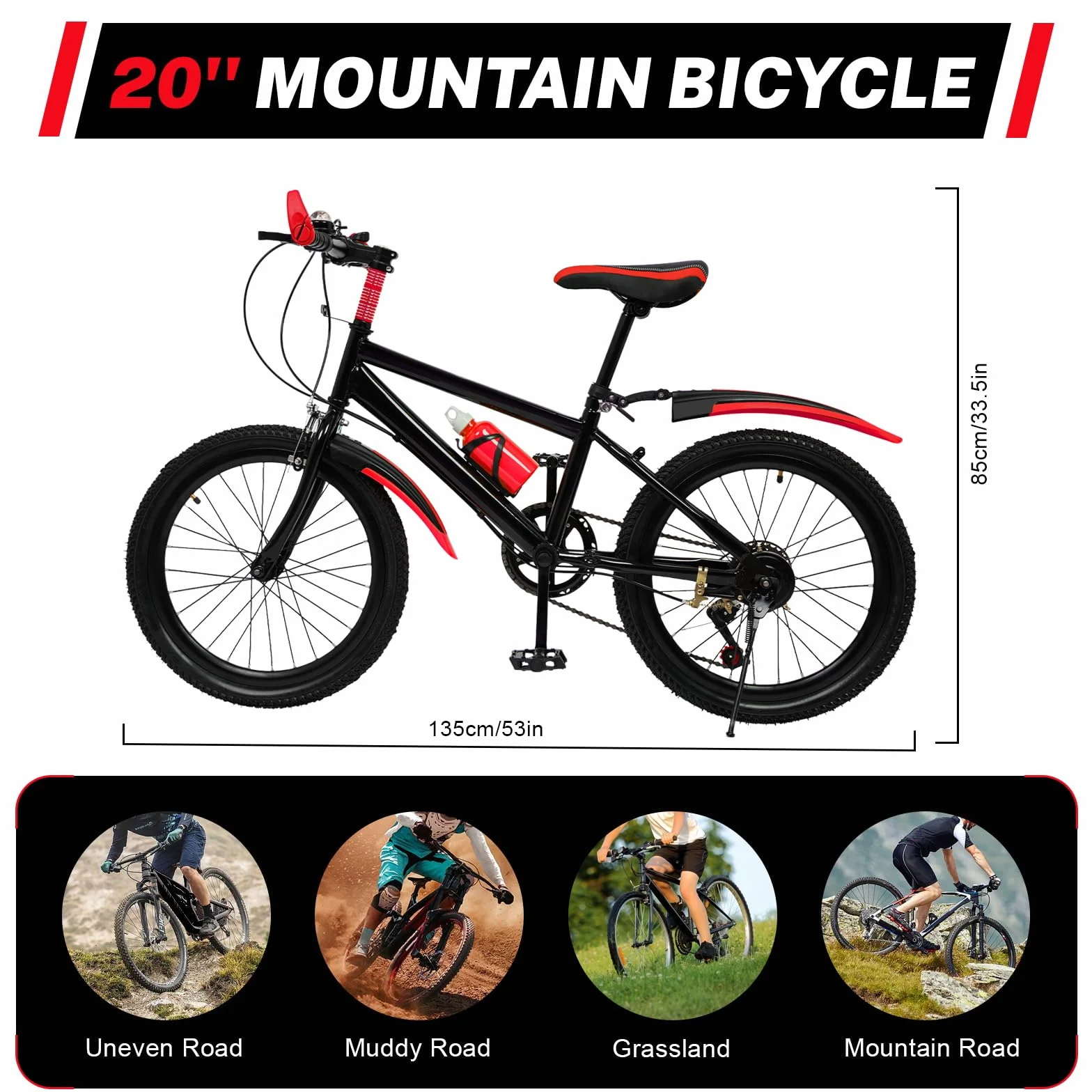 Bicicleta de montaña 20 pulgadas 7 velocidades frenos de disco marco de acero para niños 8-13 años