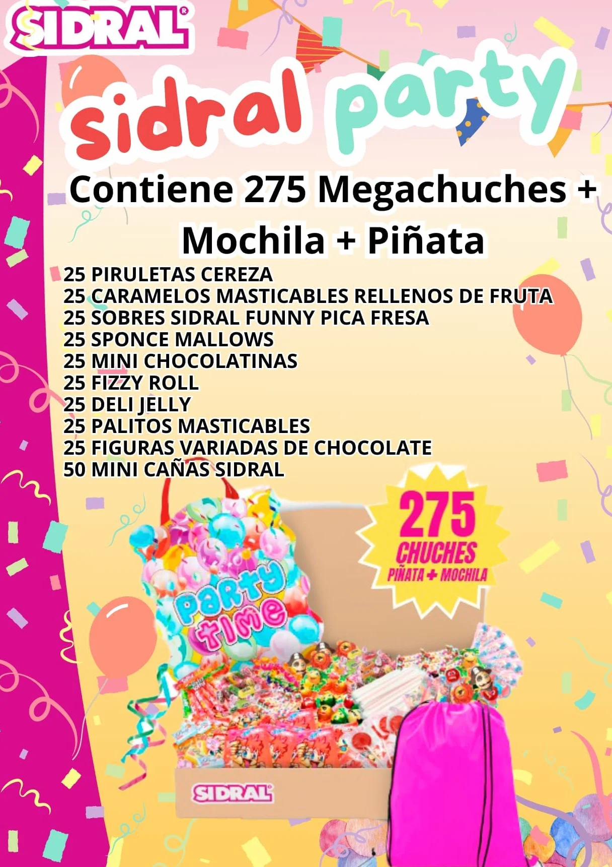 SIDRAL .275 chuches variadas+piñata+mochila para llevar chuches :Cañas y sobres Sidral, chocolate, gominolas, caramelos blandos rellenos gel de frutas - Perfectas para Regalar.