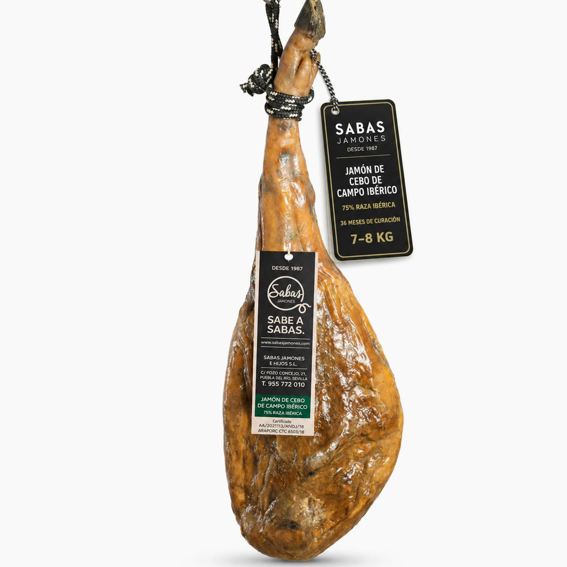 SABE A SABAS Jamón Ibérico de Cebo de Campo 75% Raza Ibérica Pieza Entera con Pata 7-8 kg Curación 36 Meses Sabor Intenso Gourmet Tradición Sevillana Selección Premium Regalo Navidad
