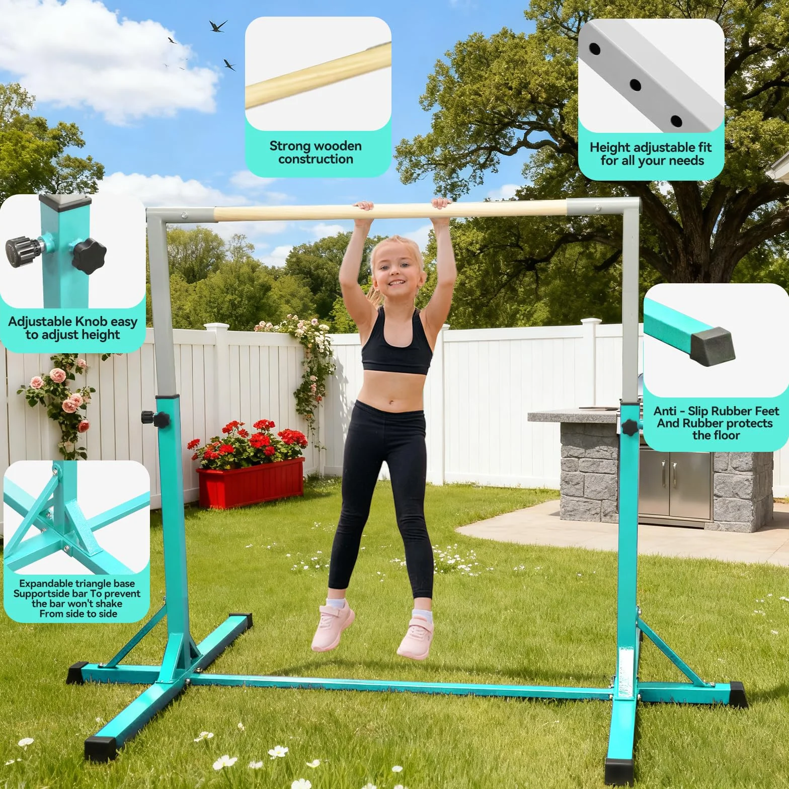 FBSPORT Barra de Gimnasia para Niños Altura Ajustable 13 Niveles con Anillos Expandible Verde