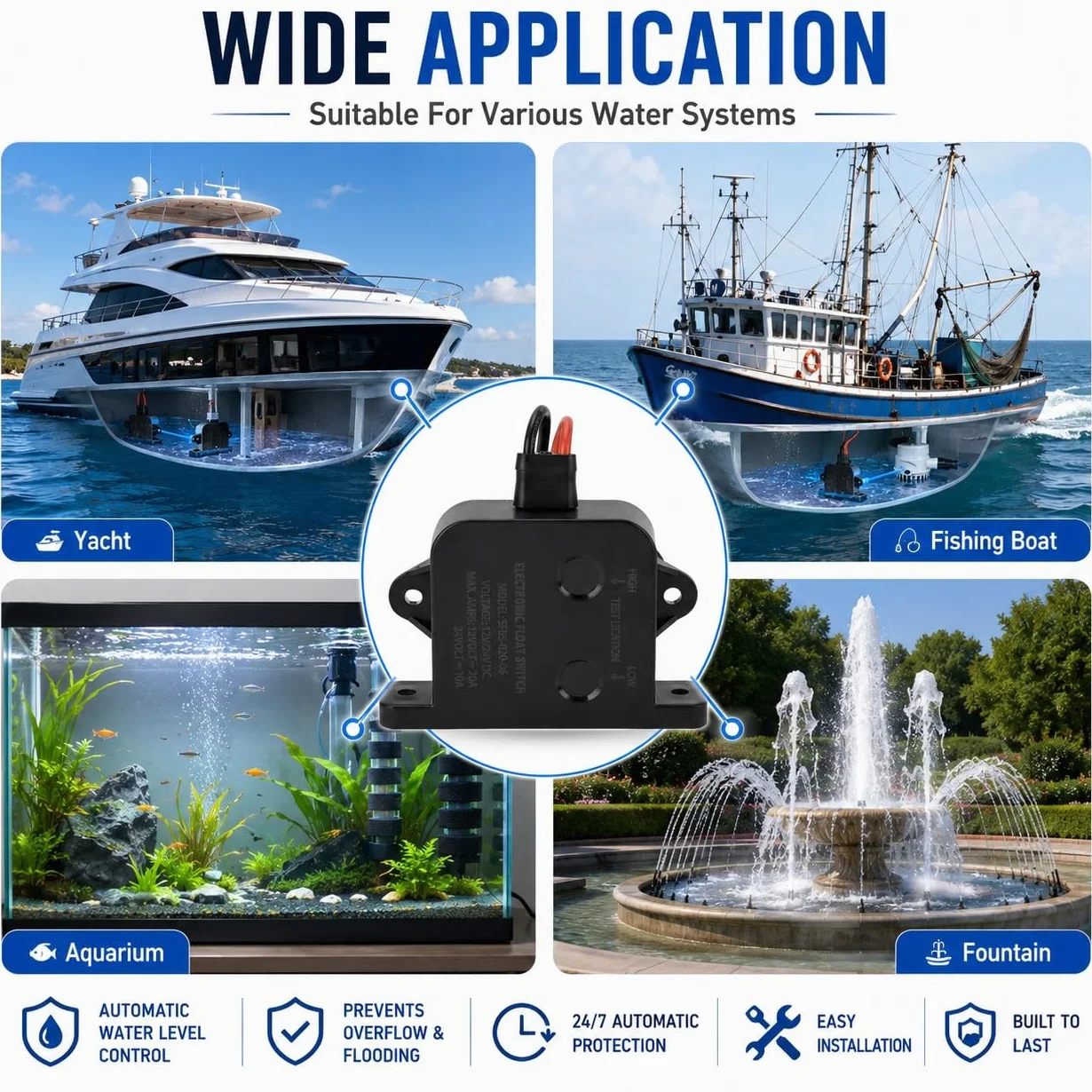 Sensor de bomba de sentina marina 24V Alarma automática Interruptor de flotador Nivel de agua para yates