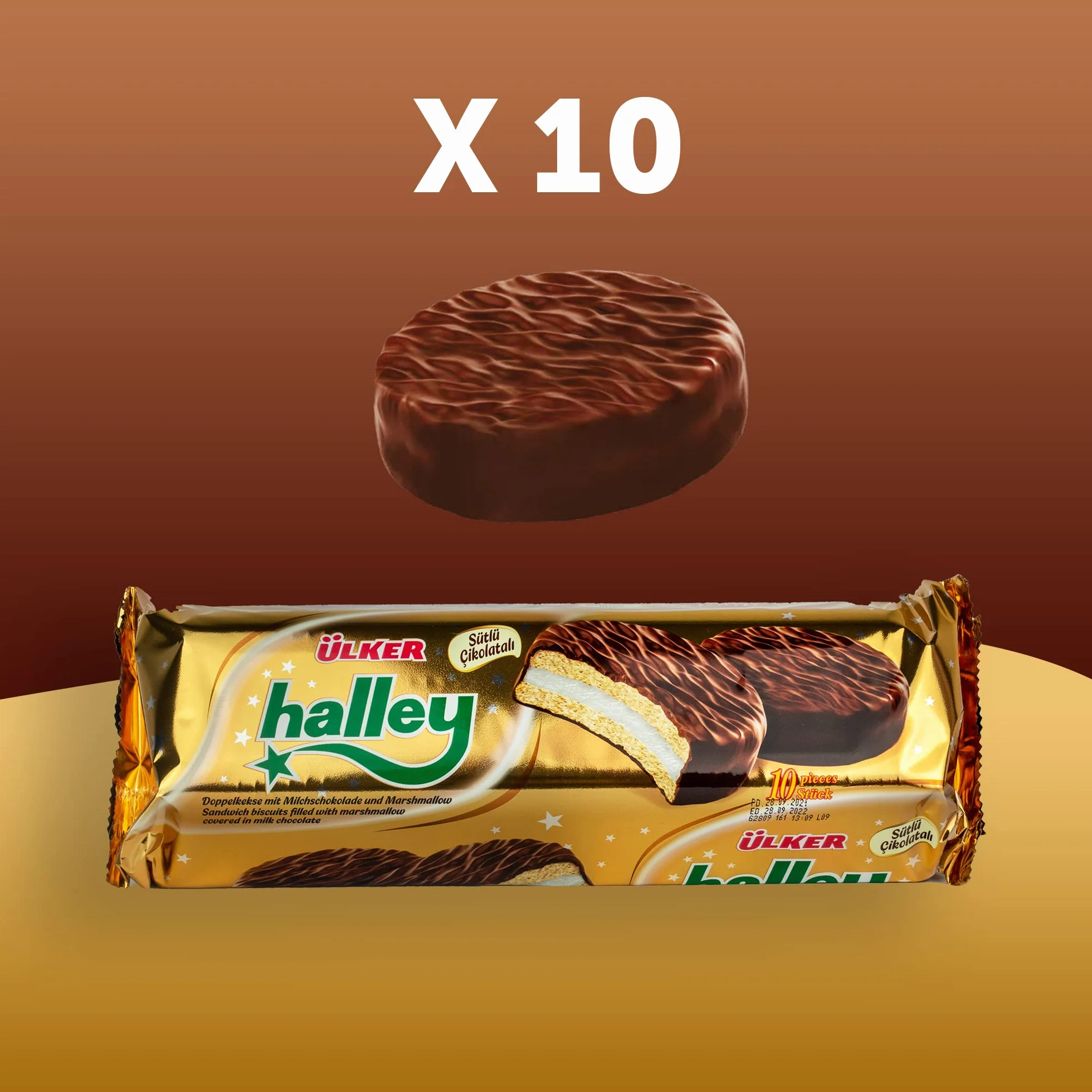 Ülker Halley Galletas Rellenas de Malvavisco Cubiertas de Chocolate con Leche - Ideal como Pastas de Té y Merienda Niños - Snacks Dulces Fáciles de Llevar en la Bolsa de Merienda – Pack de 10 x 30 g